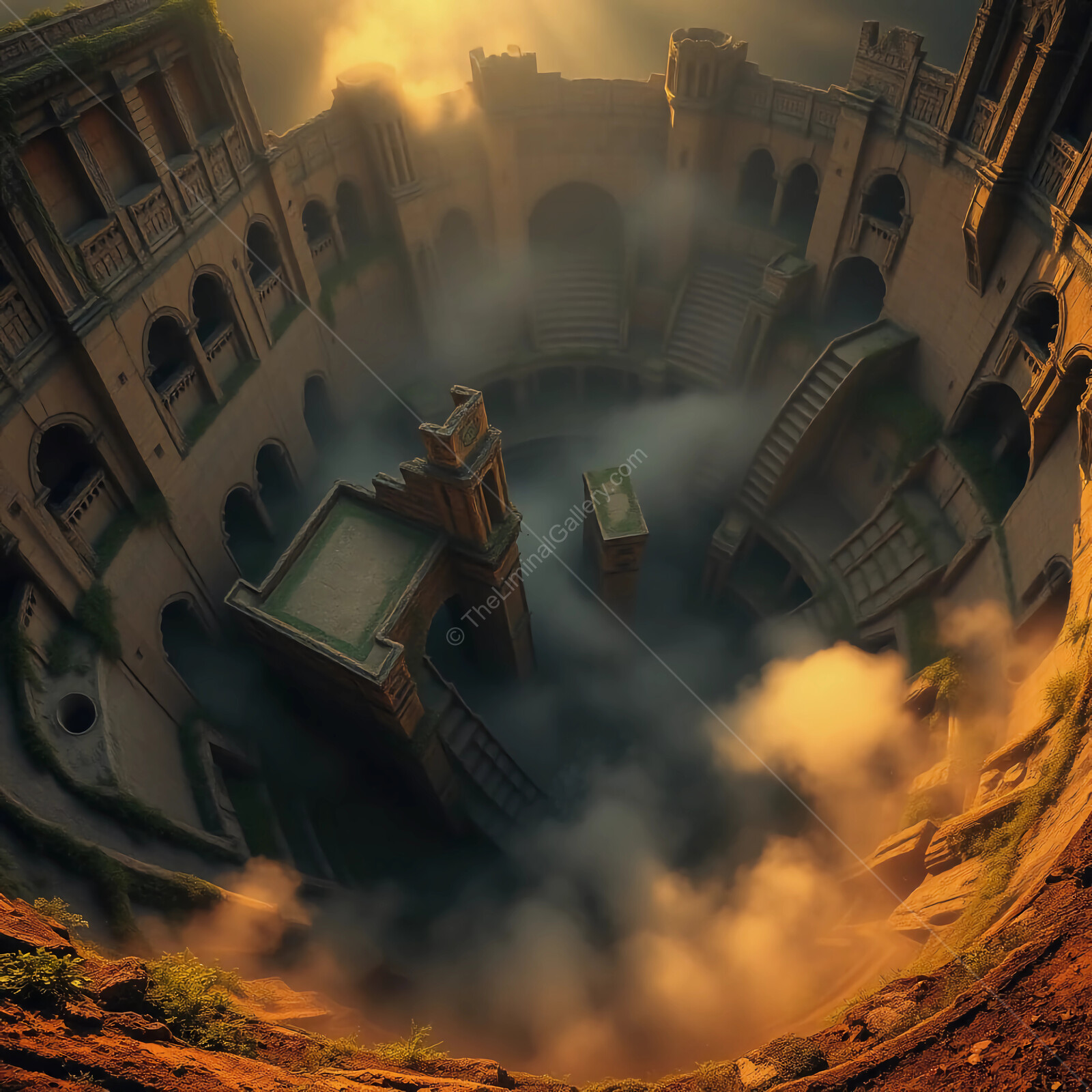 Ethereal ruins of an ancient amphitheater surrounded by mist at dawn