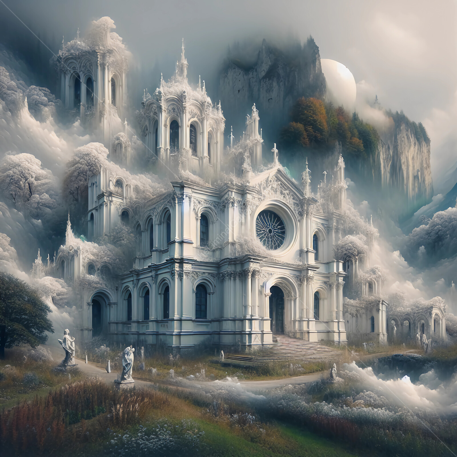Ethereal ruins rise above misty landscape, a journey into history and imagination