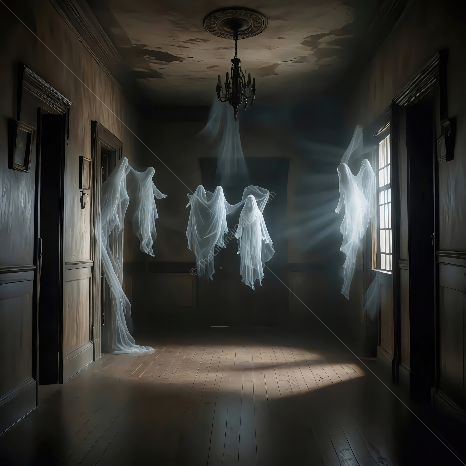 Ethereal spirits dance in a dimly lit haunted hallway at midnight