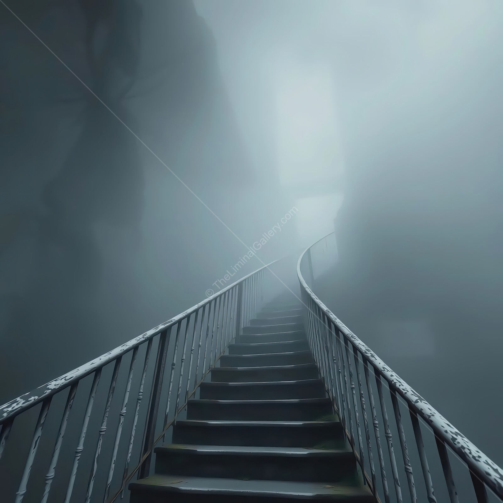 Ethereal liminal stairway winding into mist reveals a mysterious journey through a fog-laden landscape