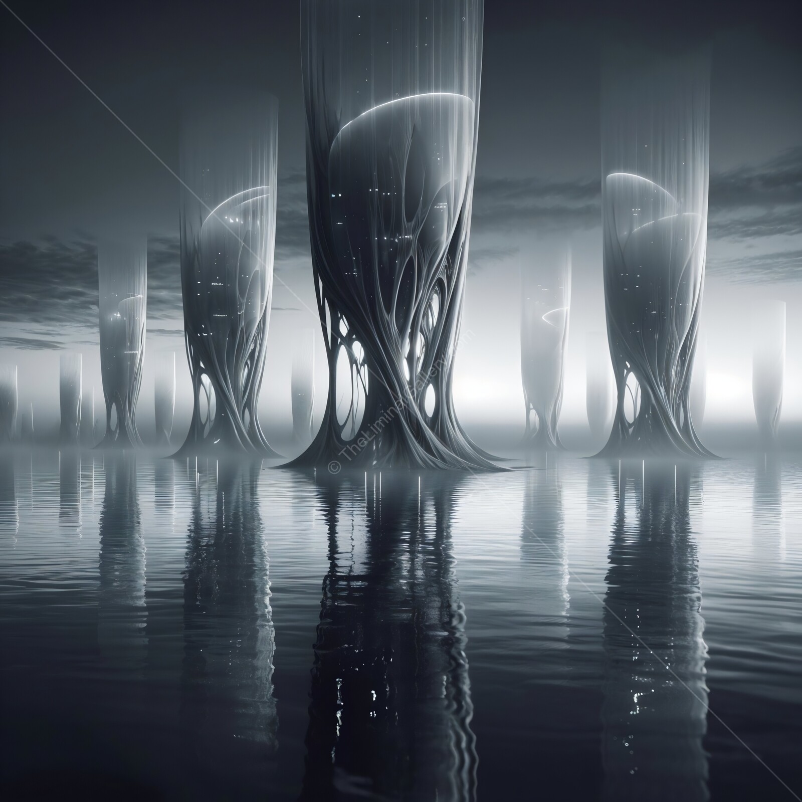 Mysterious towering structures rise from a tranquil water surface under a dreamlike twilight sky
