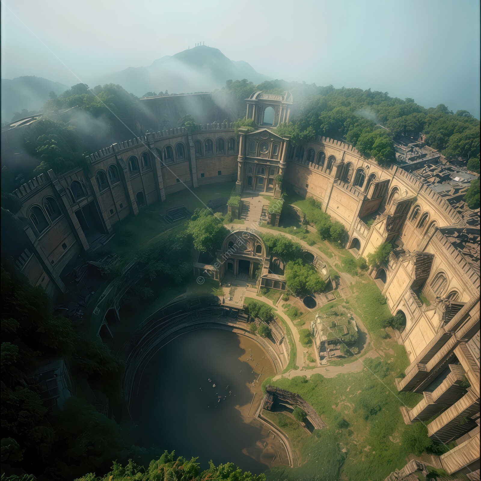 Exploring the ancient ruins of a forgotten fort surrounded by misty hills at dawn