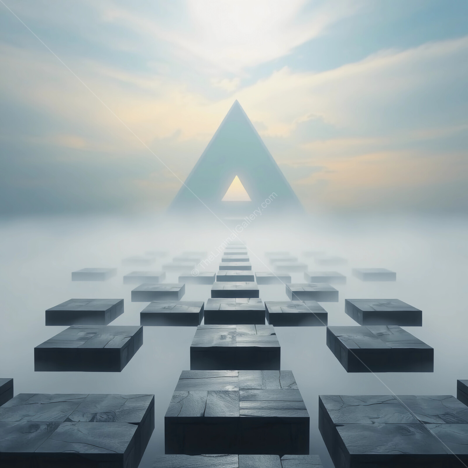 Mysterious landscape with floating blocks and a pyramid shrouded in mist at dawn