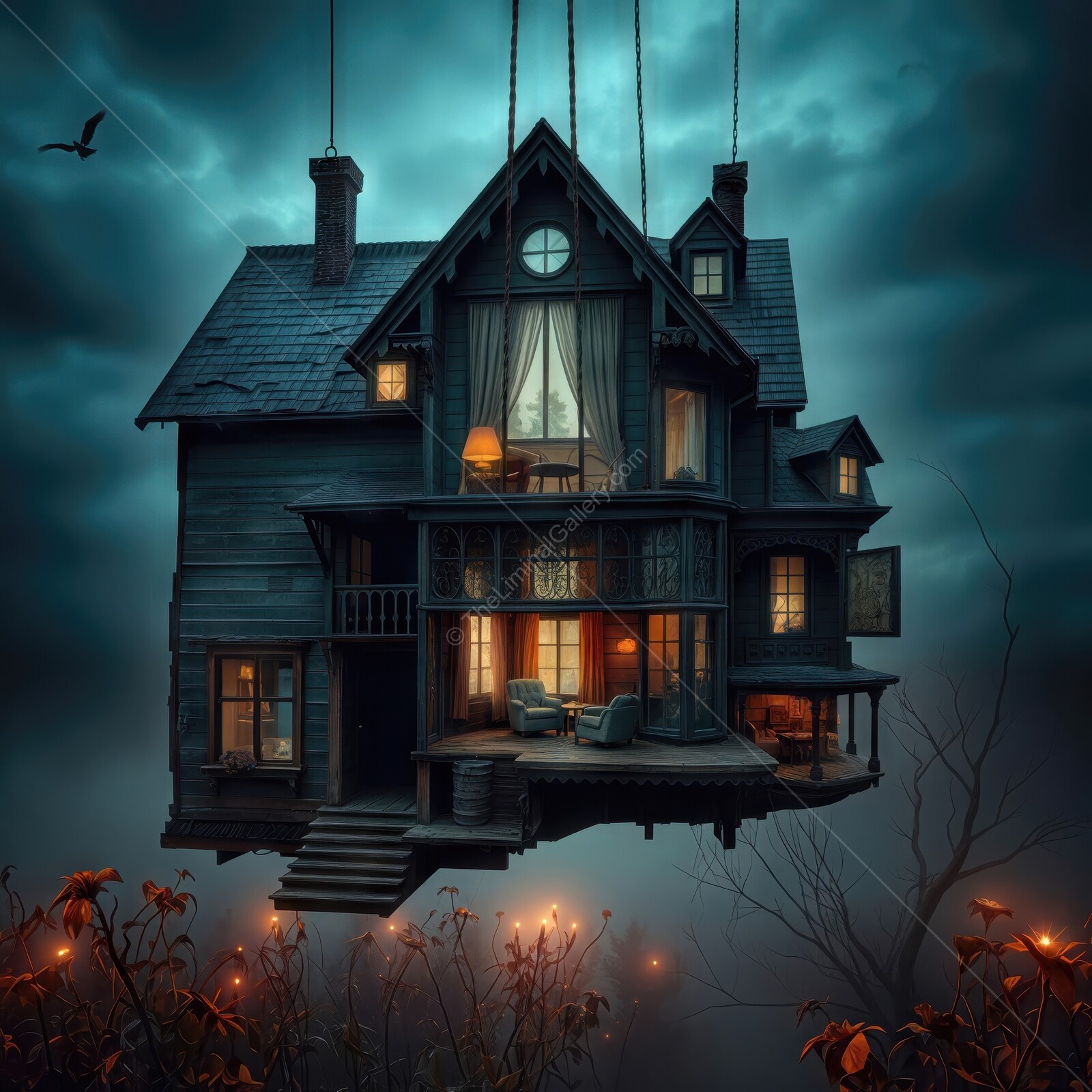 Mysterious floating house enveloped in twilight with glowing windows and ethereal ambiance