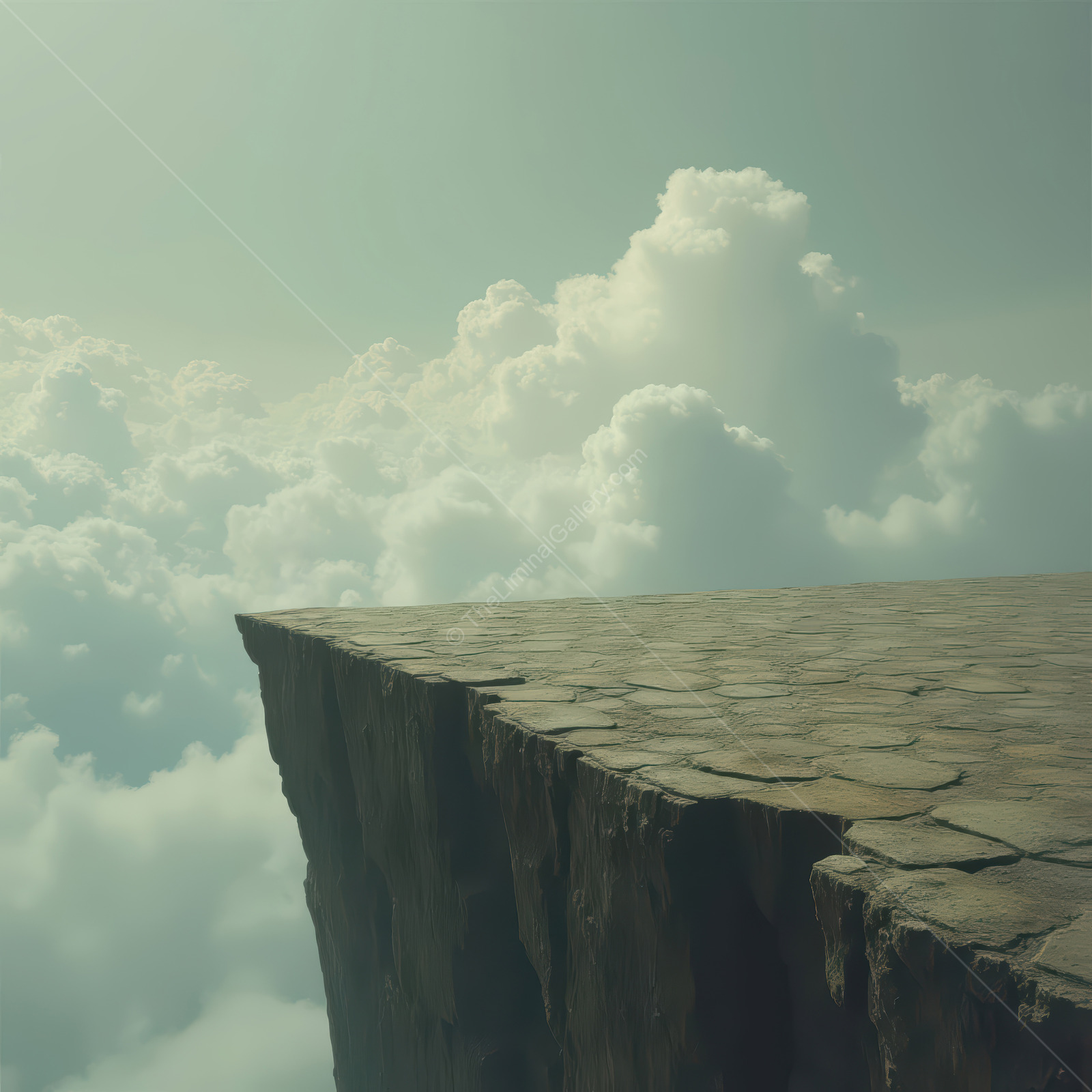 Floating above the clouds, a stunning stone cliff invites adventure in a surreal atmosphere filled with soft, fluffy clouds and ethereal light