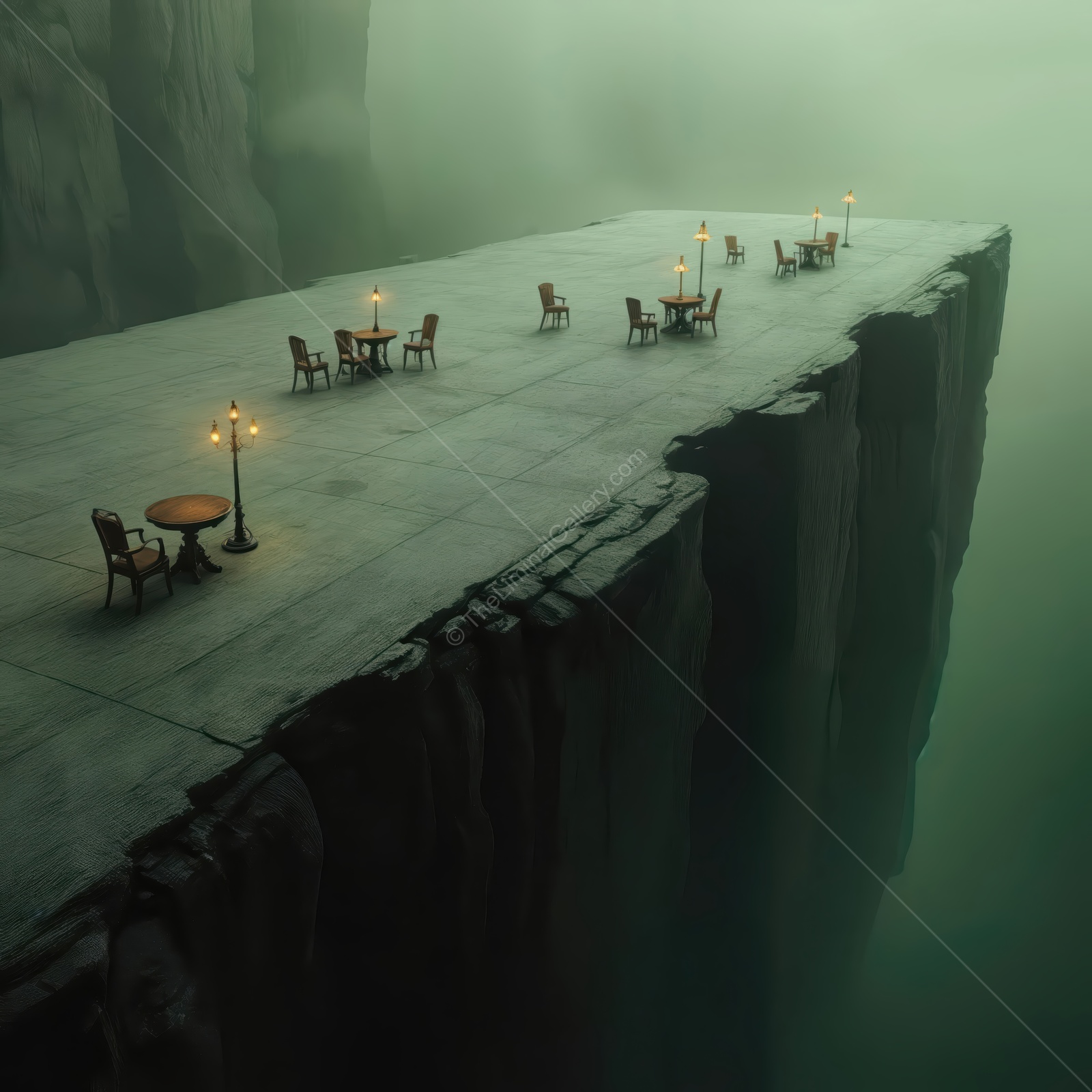 Mysterious liminal space with floating tables and chairs on a foggy cliffside at twilight