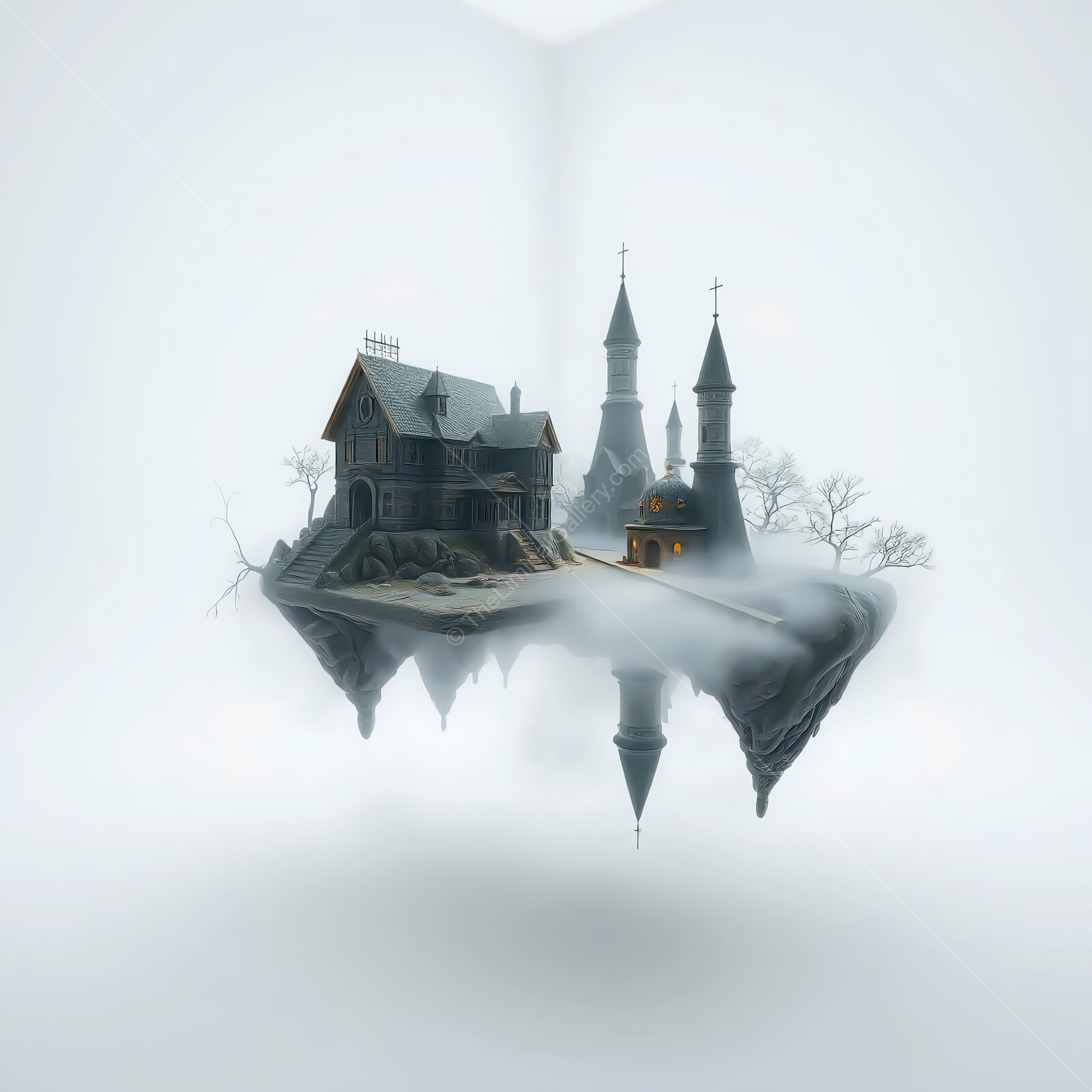 Whimsical floating village shrouded in mist with charming architecture and eerie atmosphere