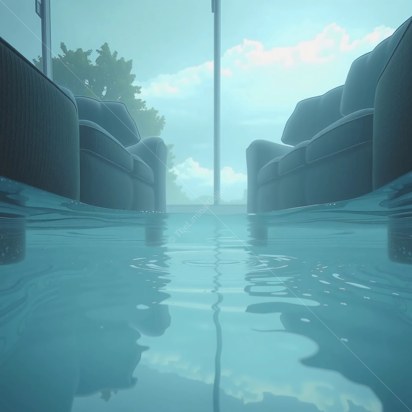 Flooded living room reveals submerged furniture amidst a serene, cloudy backdrop
