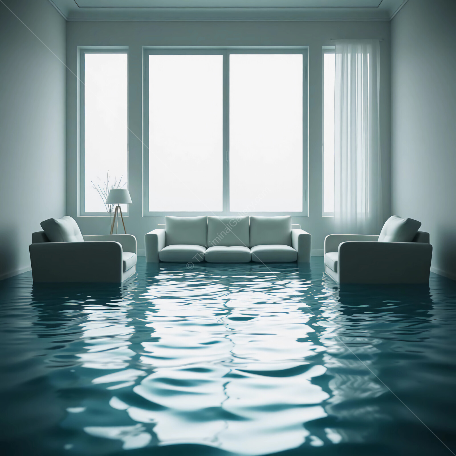 Flooded liminal living room with serene water reflections, a unique take on home decor and nature blending