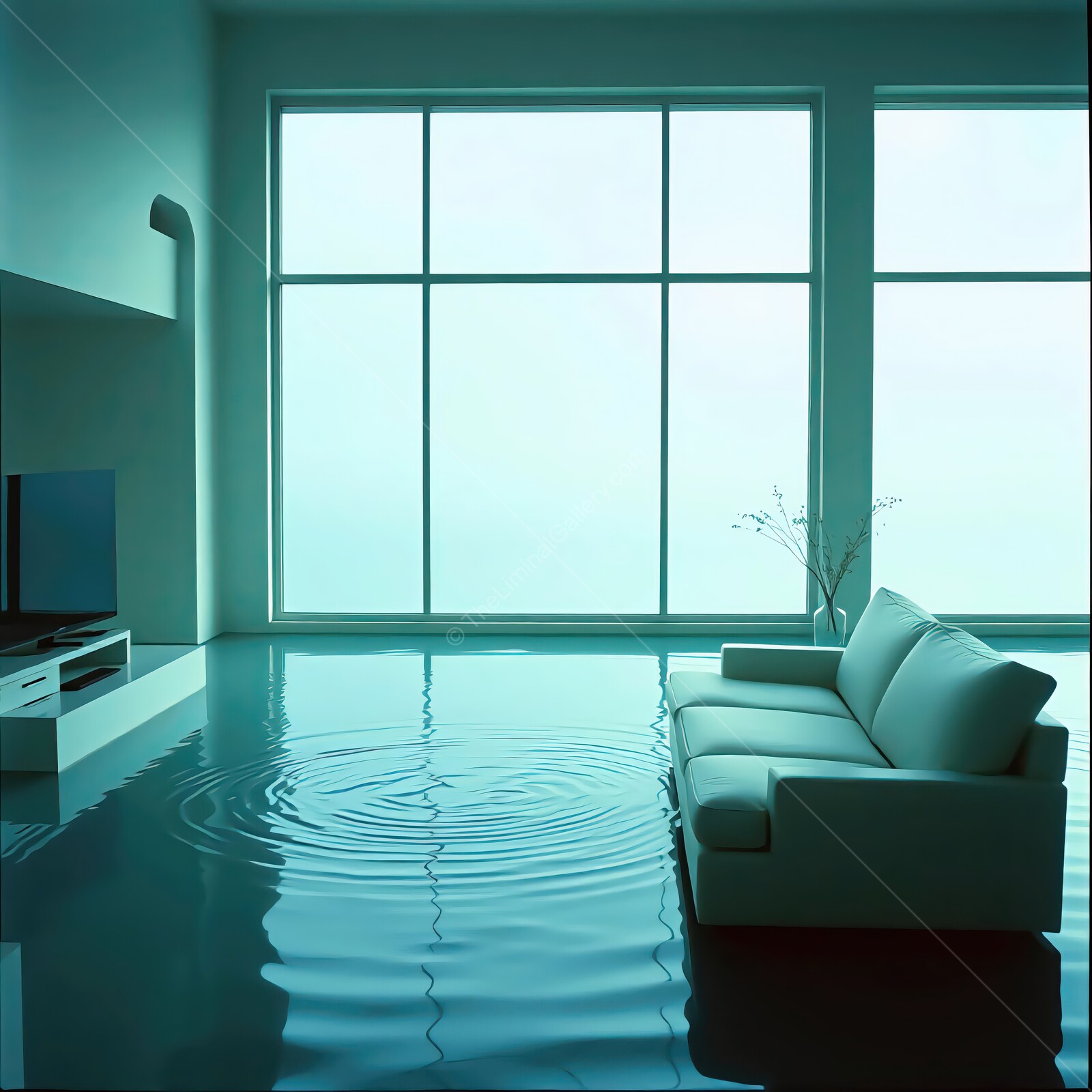 Flooded modern liminal living room with a tranquil atmosphere and reflections