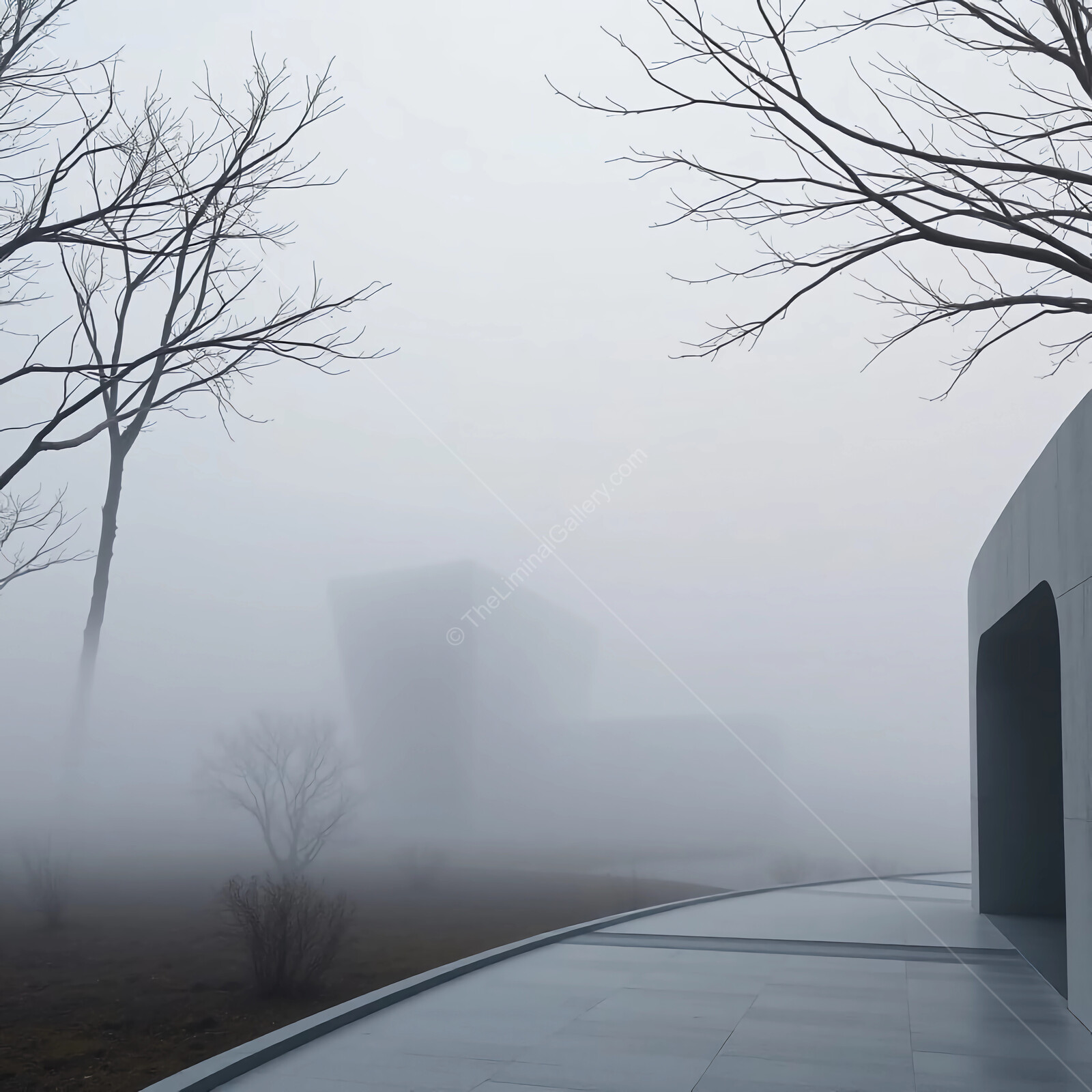 Mysterious fog envelops modern architecture in a serene landscape at dawn