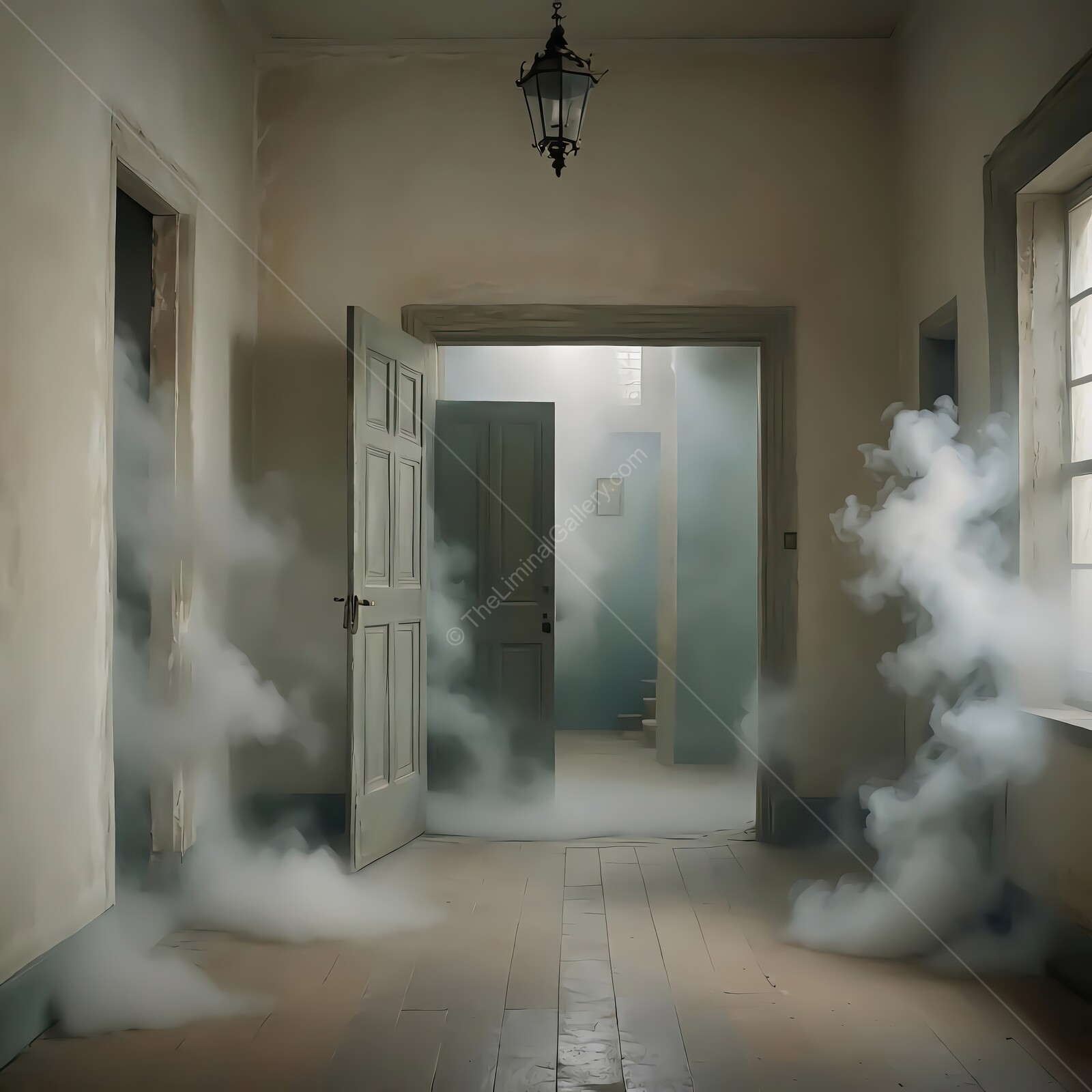Mysterious fog envelops an abandoned corridor in a dimly lit building at dusk
