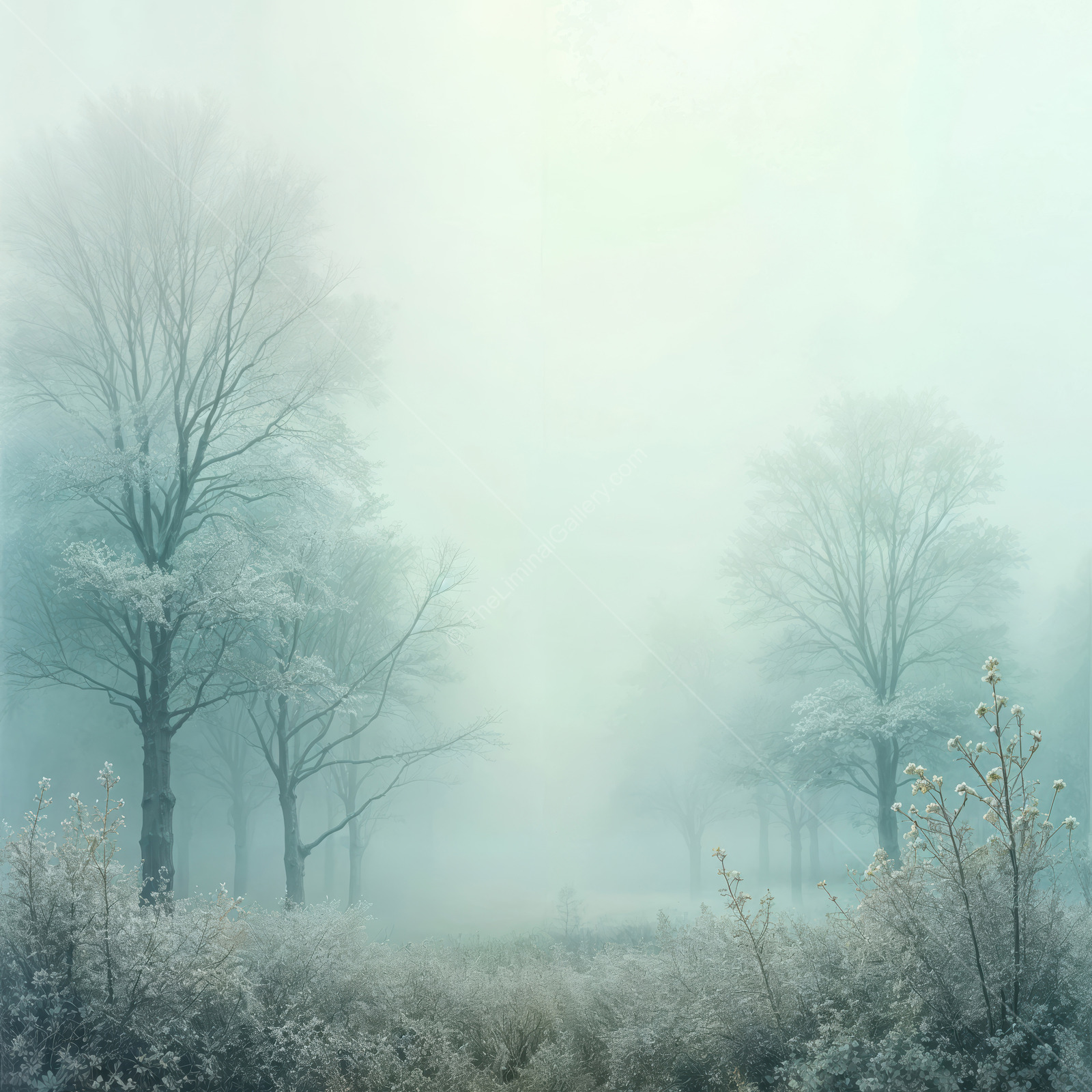 Fog-blanketed winter woods shimmer with frosted branches, hushed atmosphere and muted light weaving a mysterious yet peaceful snow-covered panorama
