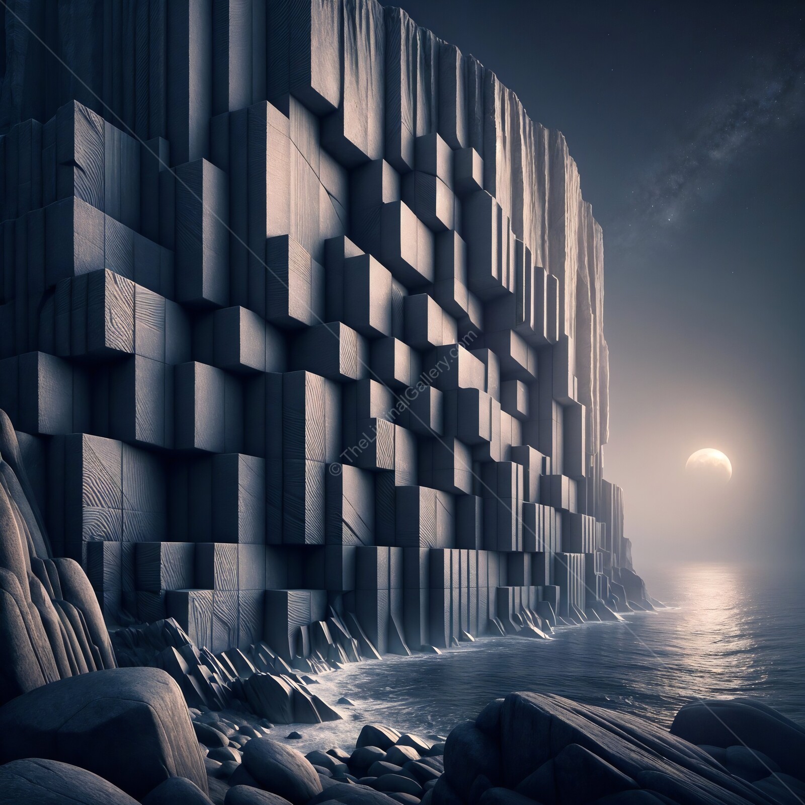 Mysterious coastal cliffs with geometric formations under a crescent moon at twilight