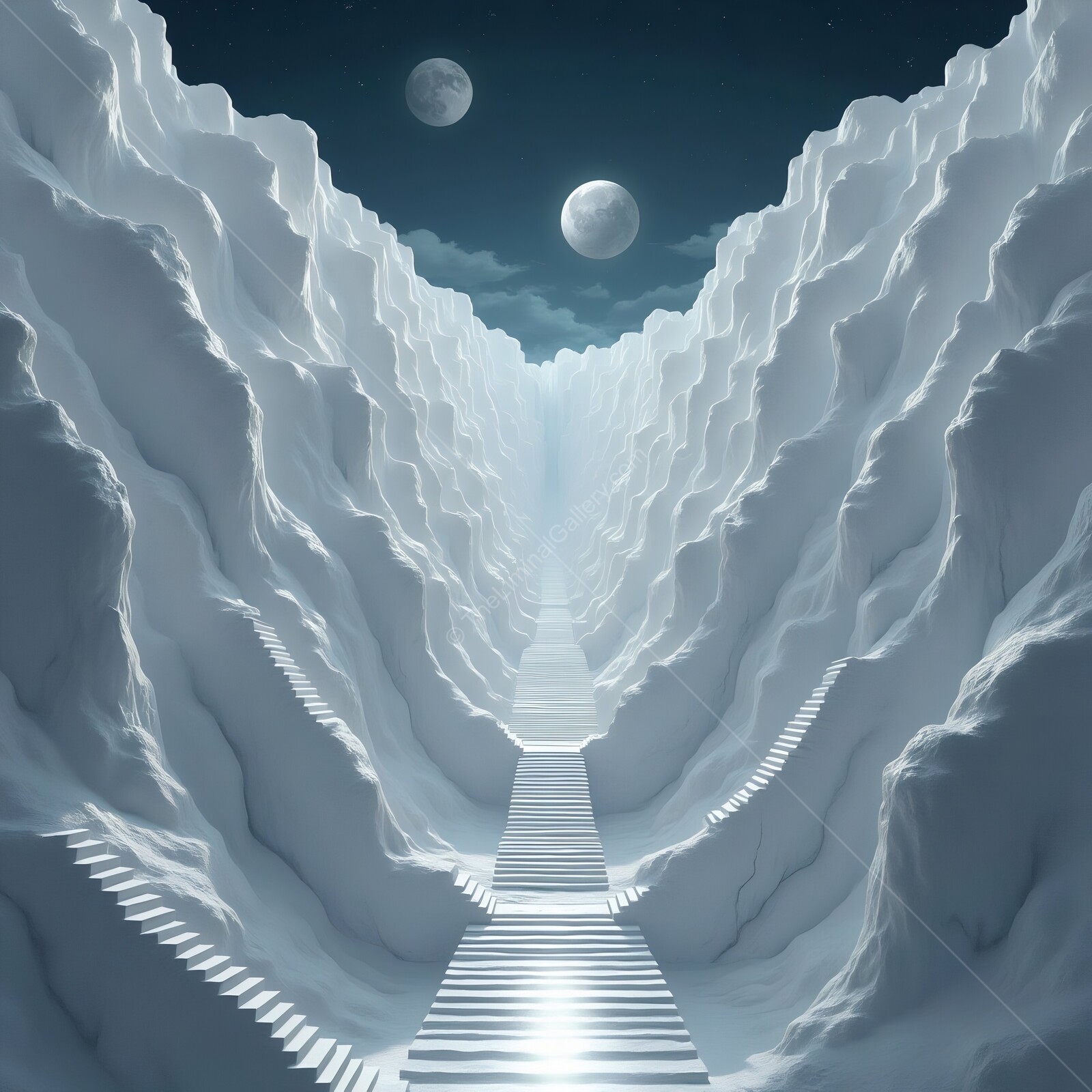 Majestic snowy valley with stairway leading towards two moons shining in the night sky