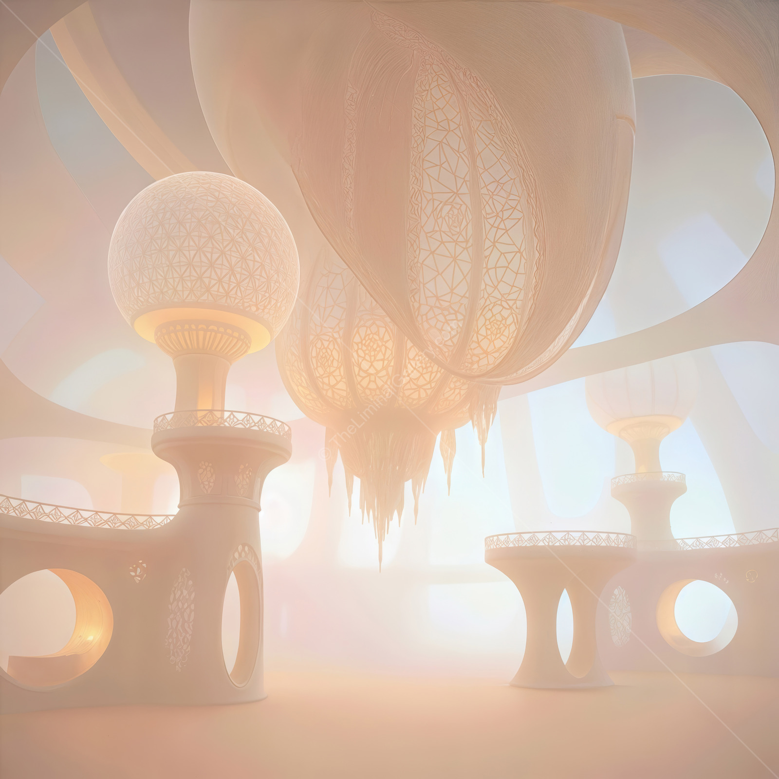 Exploring an ethereal, futuristic cityscape with luminous structures and delicate architecture illuminated by soft light during a serene moment