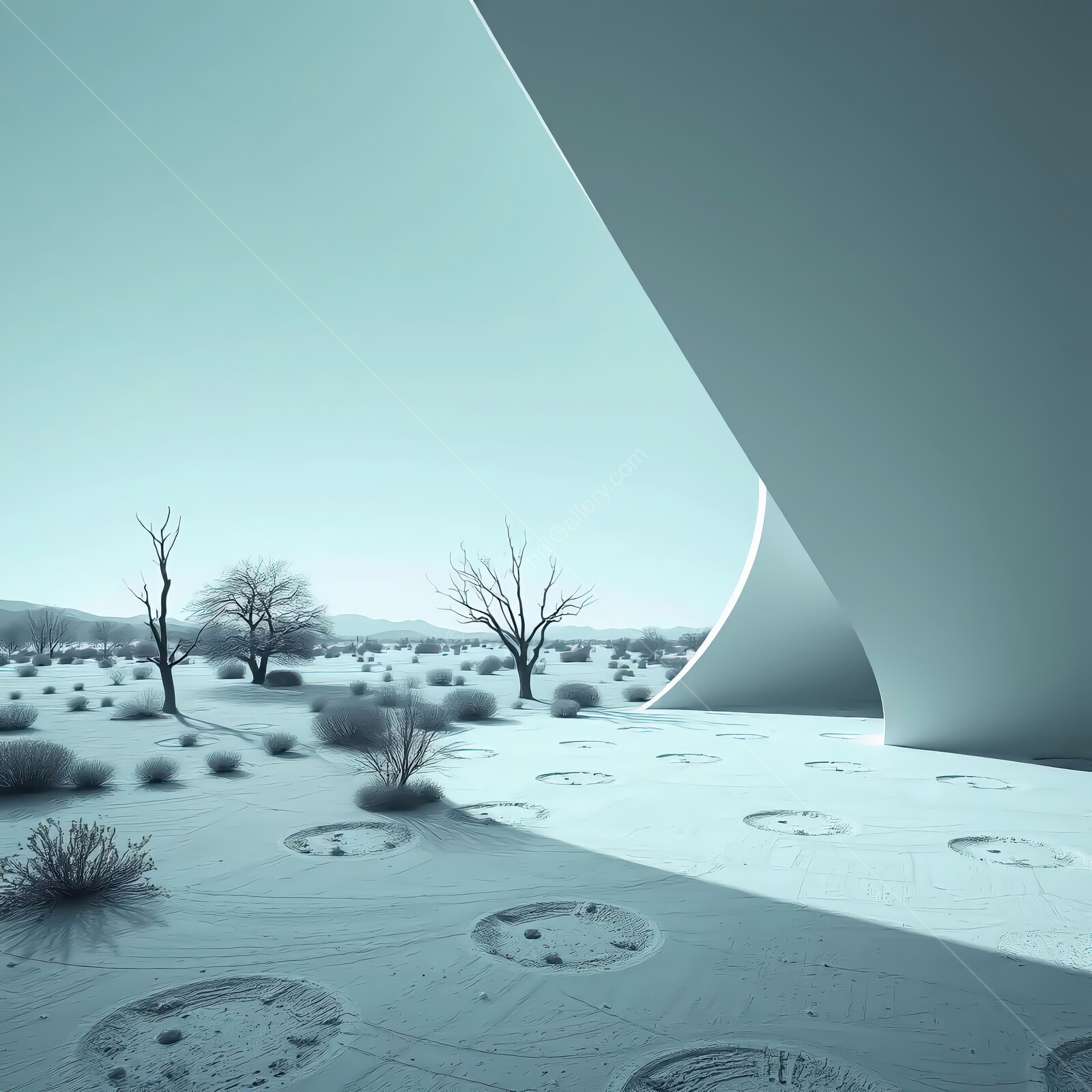 Futuristic landscape with minimalistic architecture under a serene sky at dawn