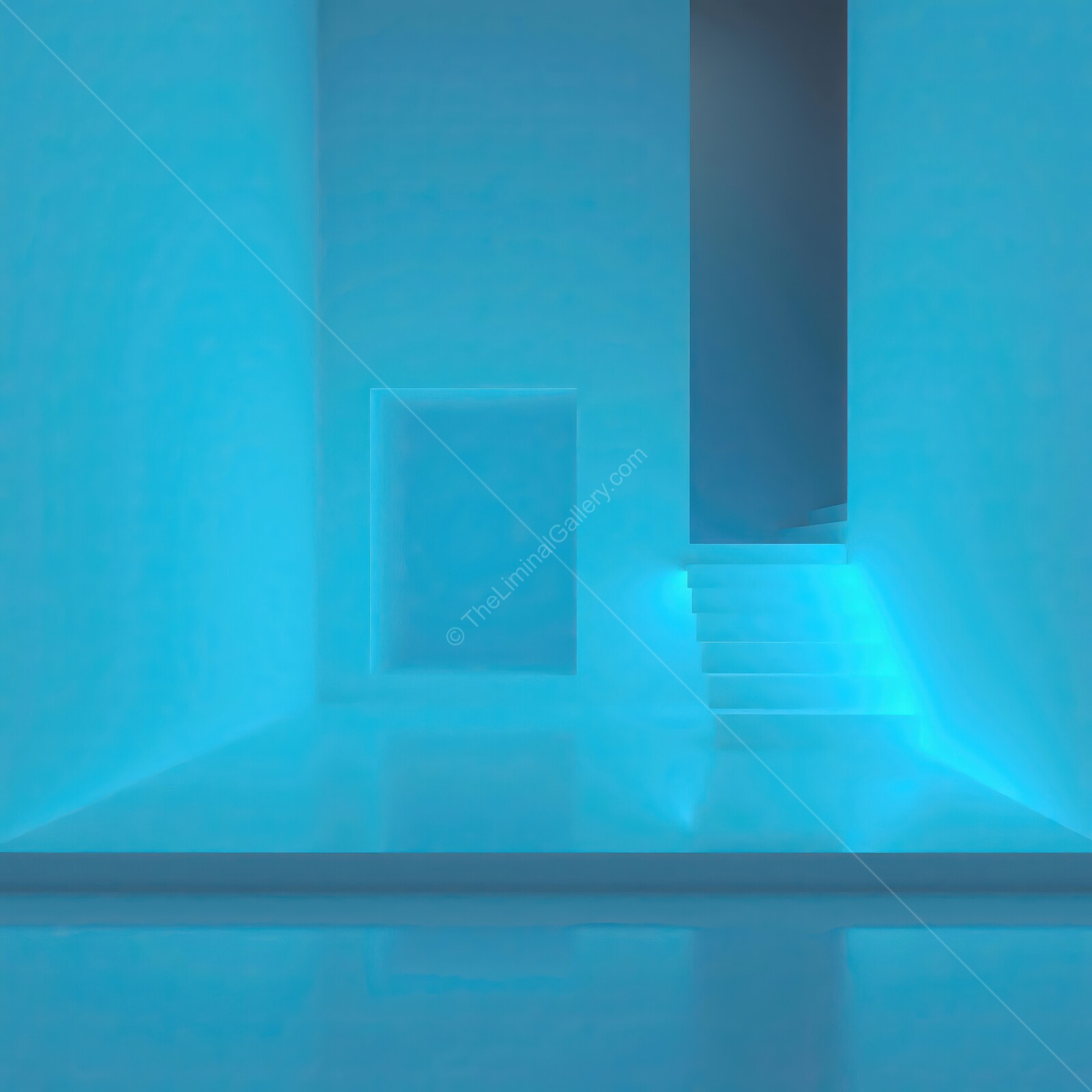 Exploring a futuristic liminal space illuminated by serene blue light and glowing steps