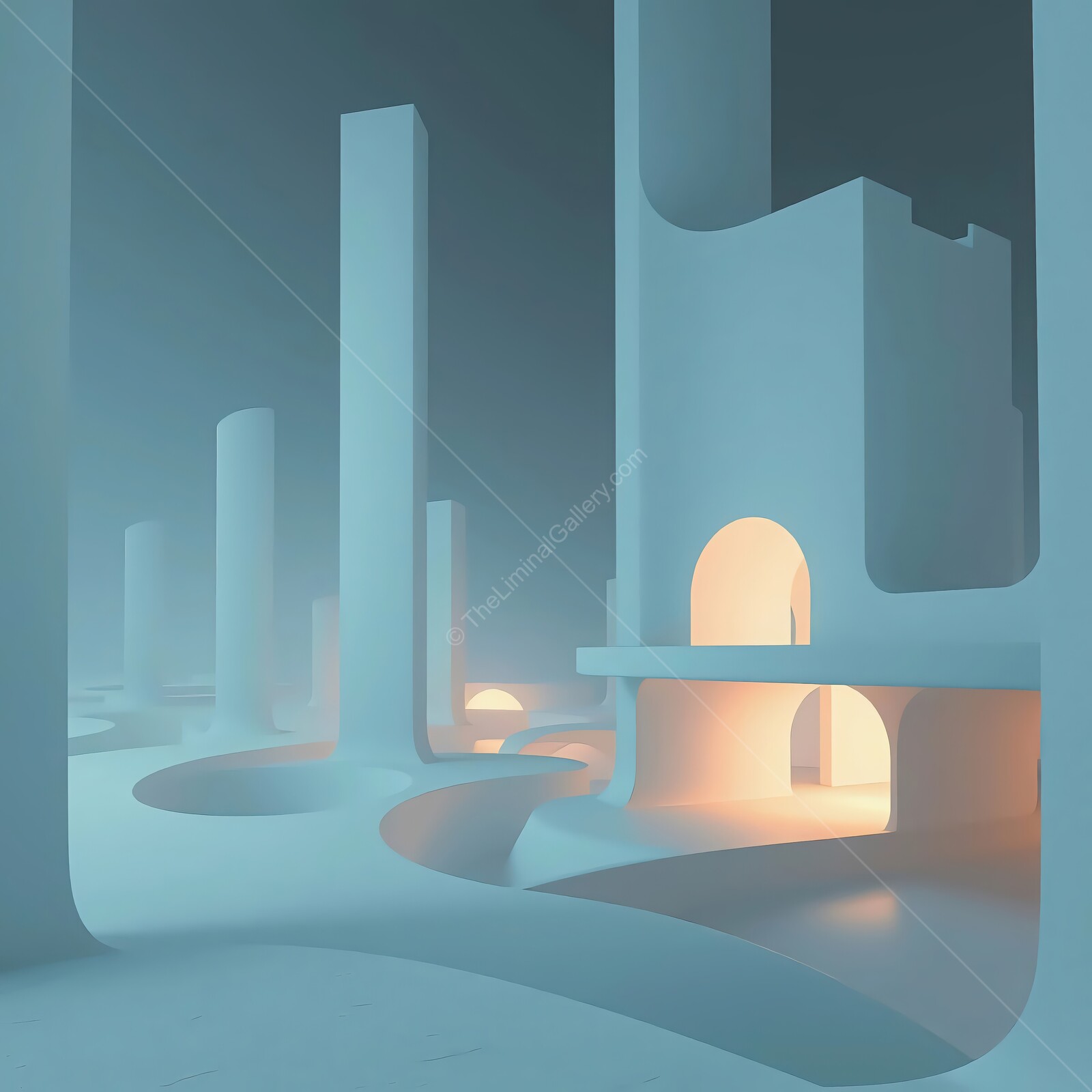 Futuristic liminal urban landscape bathed in soft blue light, an innovative exploration of form and structure