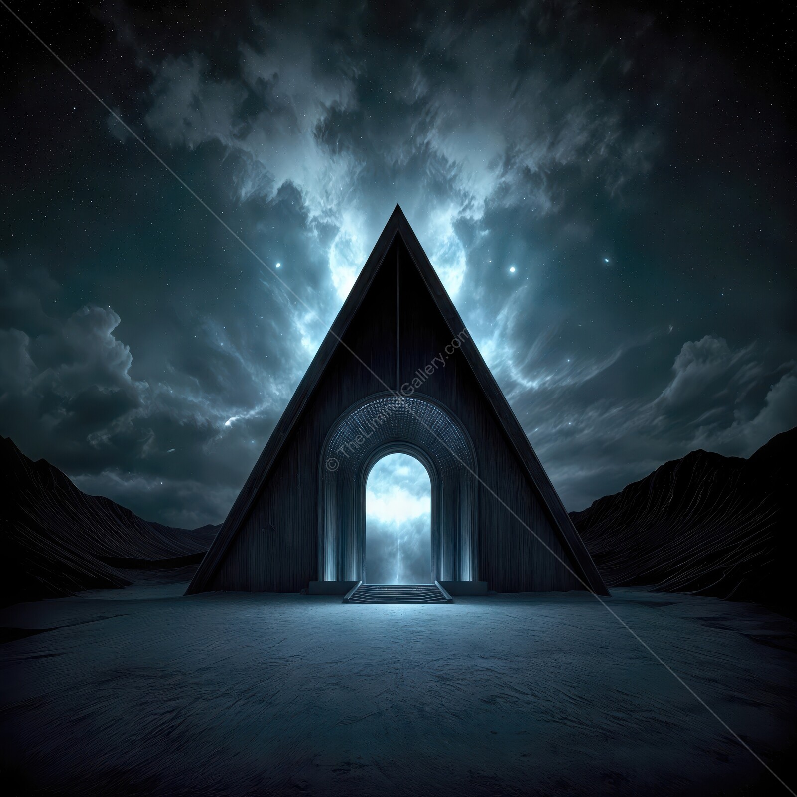 Mysterious triangular temple stands against a night sky illuminated by eerie light