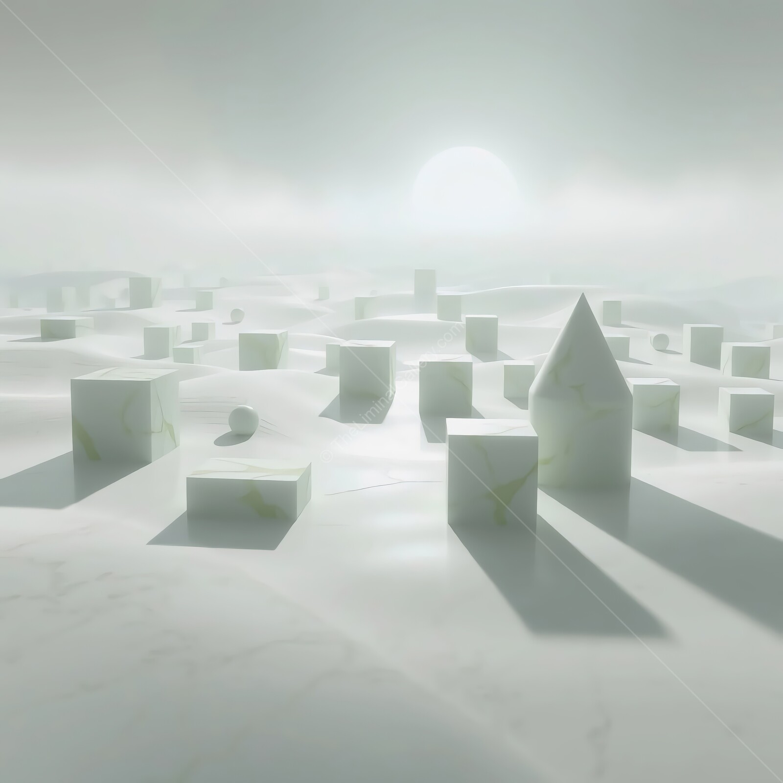 Mysterious landscape with geometric shapes casting shadows under a soft light