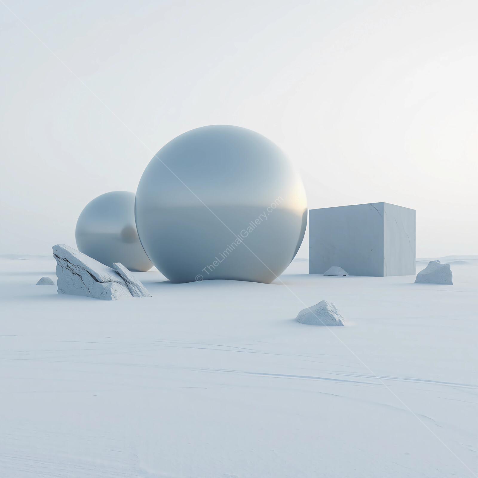 Futuristic geometric shapes create an otherworldly landscape in a snowy environment with serene lighting