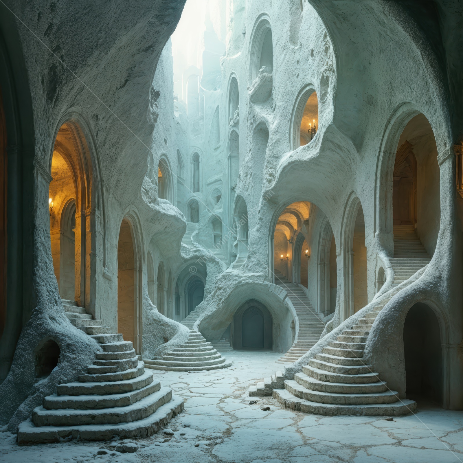 Liminal cave sanctuary shimmers with ethereal glow; winding stairs snake amid rock and silence, wrapping visitors in quiet stillness and otherworldly calm