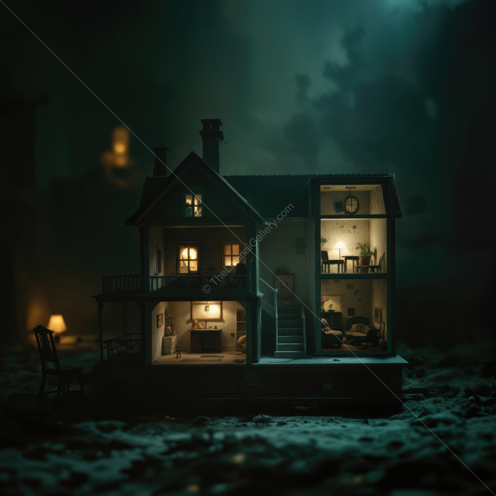 Warm liminal lights glow from a tiny cottage deep in shadowed woods, casting cozy halos that inspire nighttime tales of comfort, curiosity, and gentle adventure