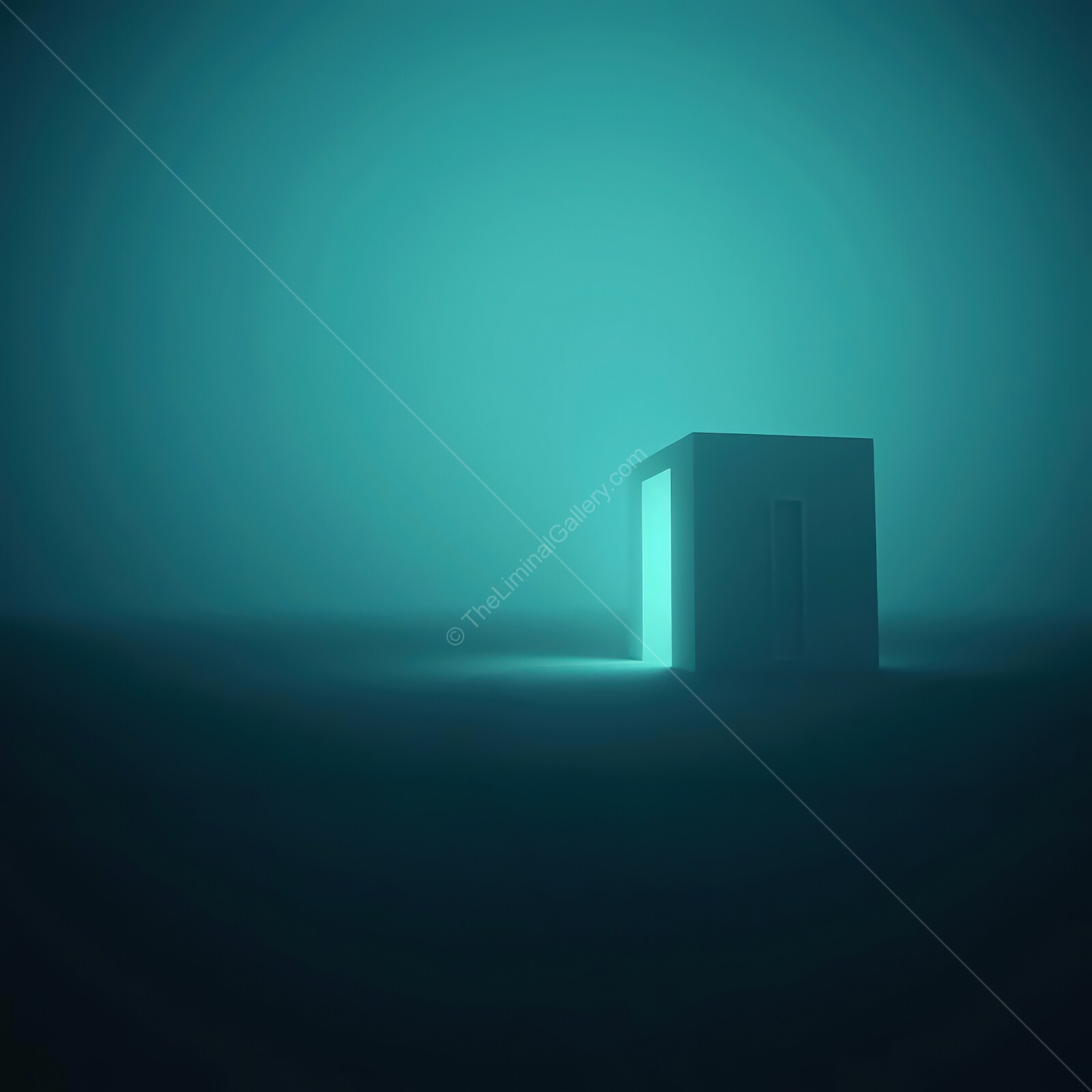 Mysterious glowing structure emerges from deep fog in a serene, otherworldly landscape