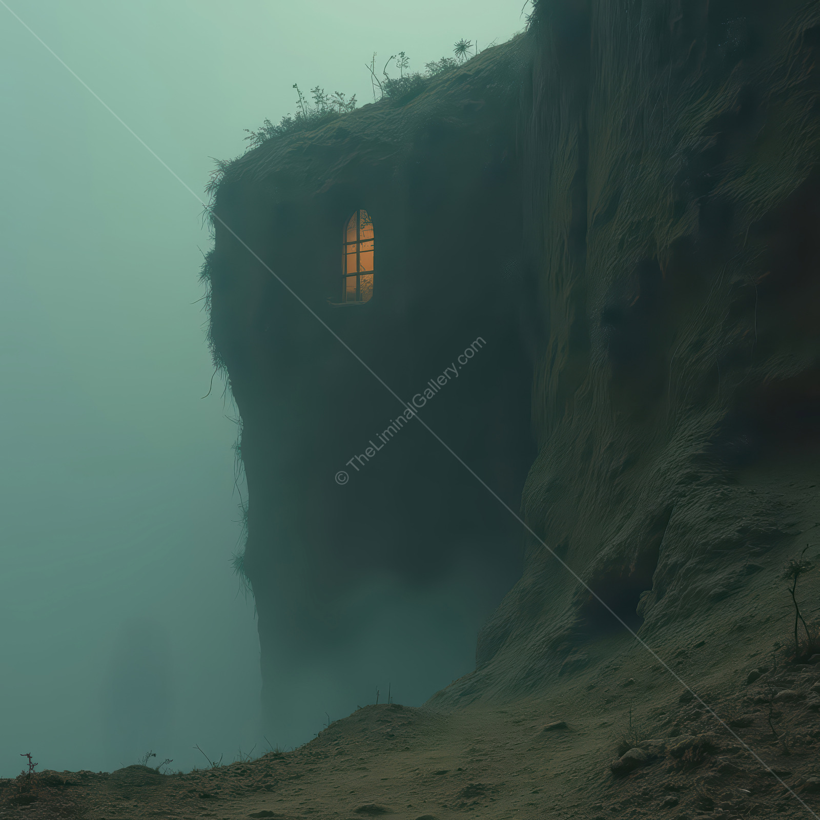 Liminal glowing window crowns a foggy cliff at twilight, its mysterious light beckoning explorers toward unseen horizons and stirring fascination with the uncanny landscape