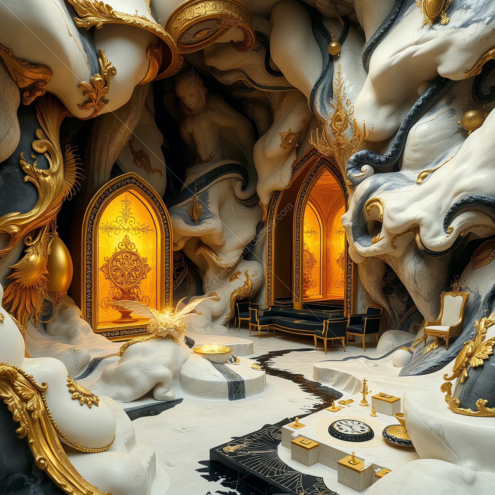 Fanciful golden alcoves within a surreal, opulent interior in a dreamlike space