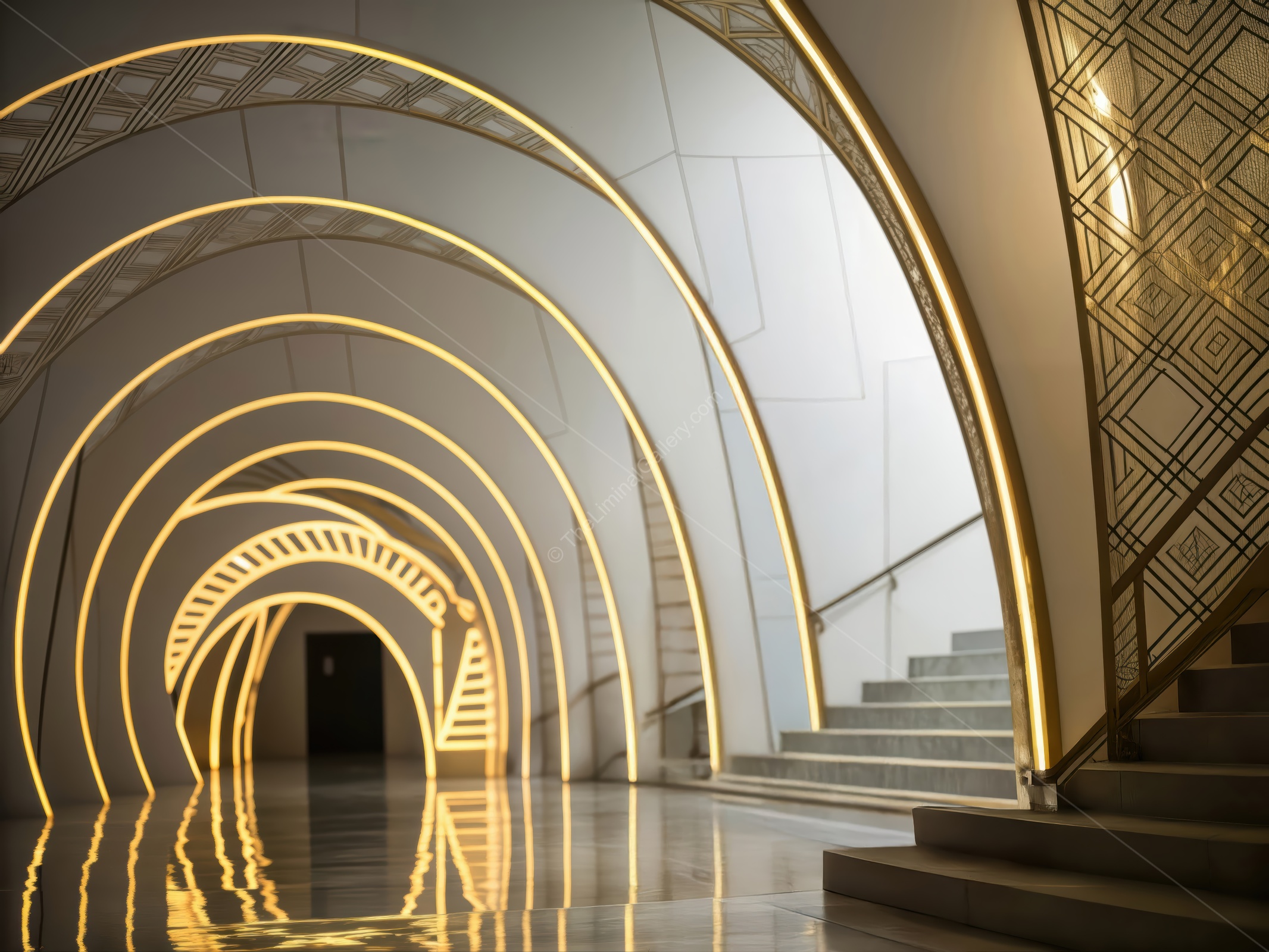 Exploring a serene liminal space filled with glowing arches and reflections during a tranquil moment