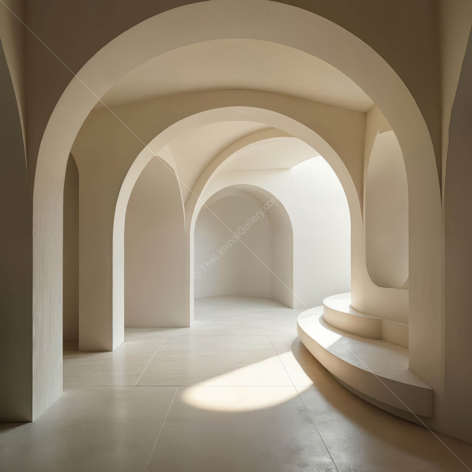 Golden-hour liminal arches bathe minimalist space in gentle light, harmonious simplicity captivating senses and offering a haven for mindful appreciation