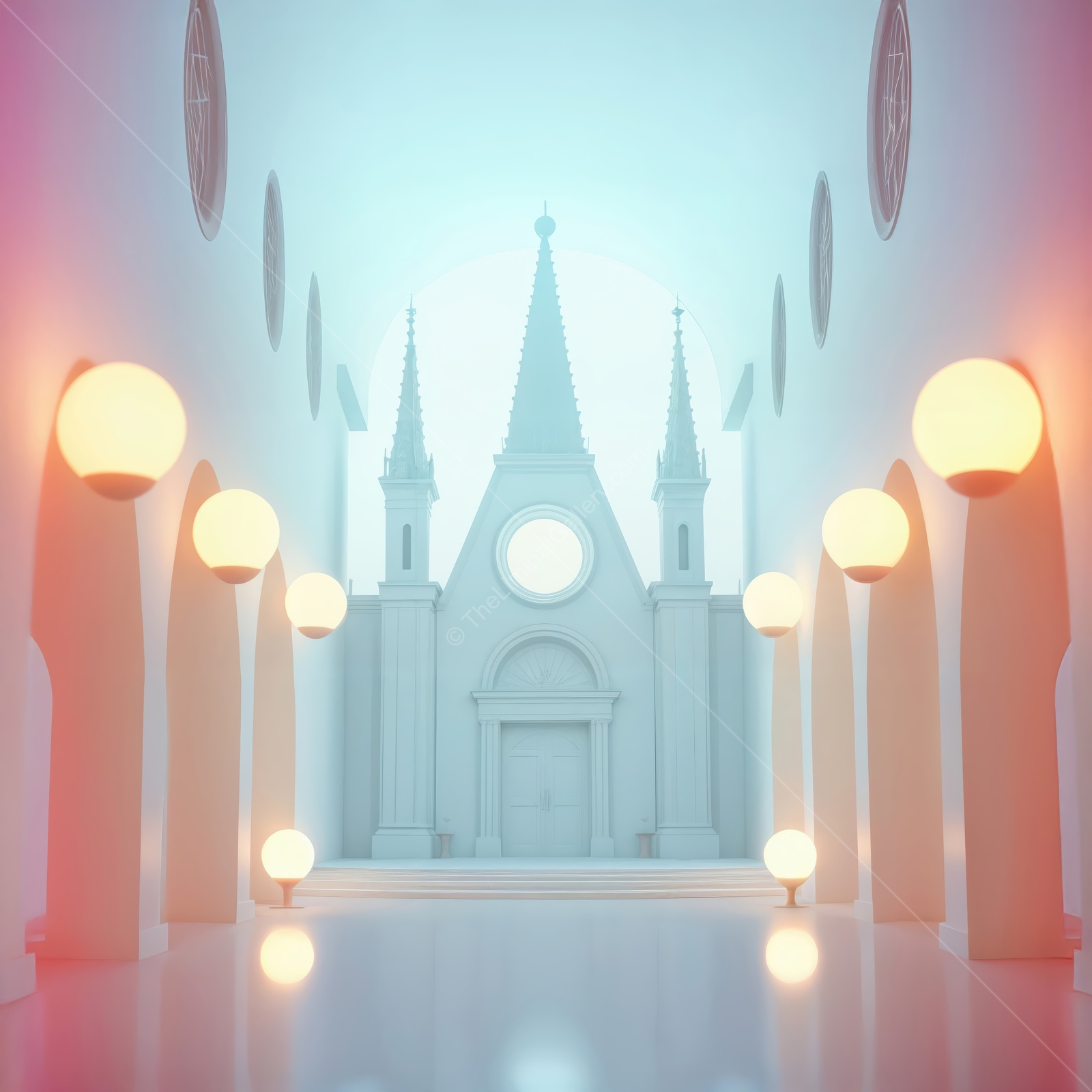 Exploring a serene liminal space with glowing orbs and gothic architecture at twilight