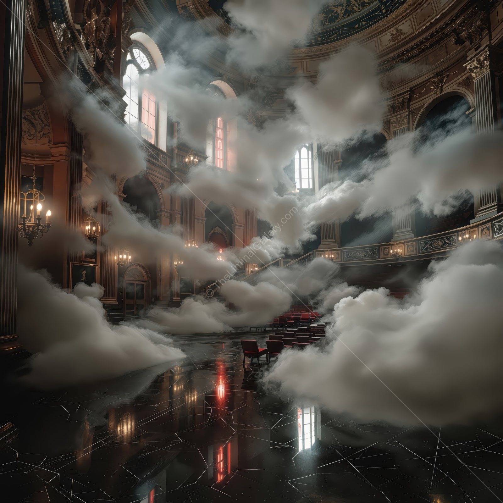 Exploring a mysterious liminal space filled with ethereal clouds and dramatic lighting in a grand hall