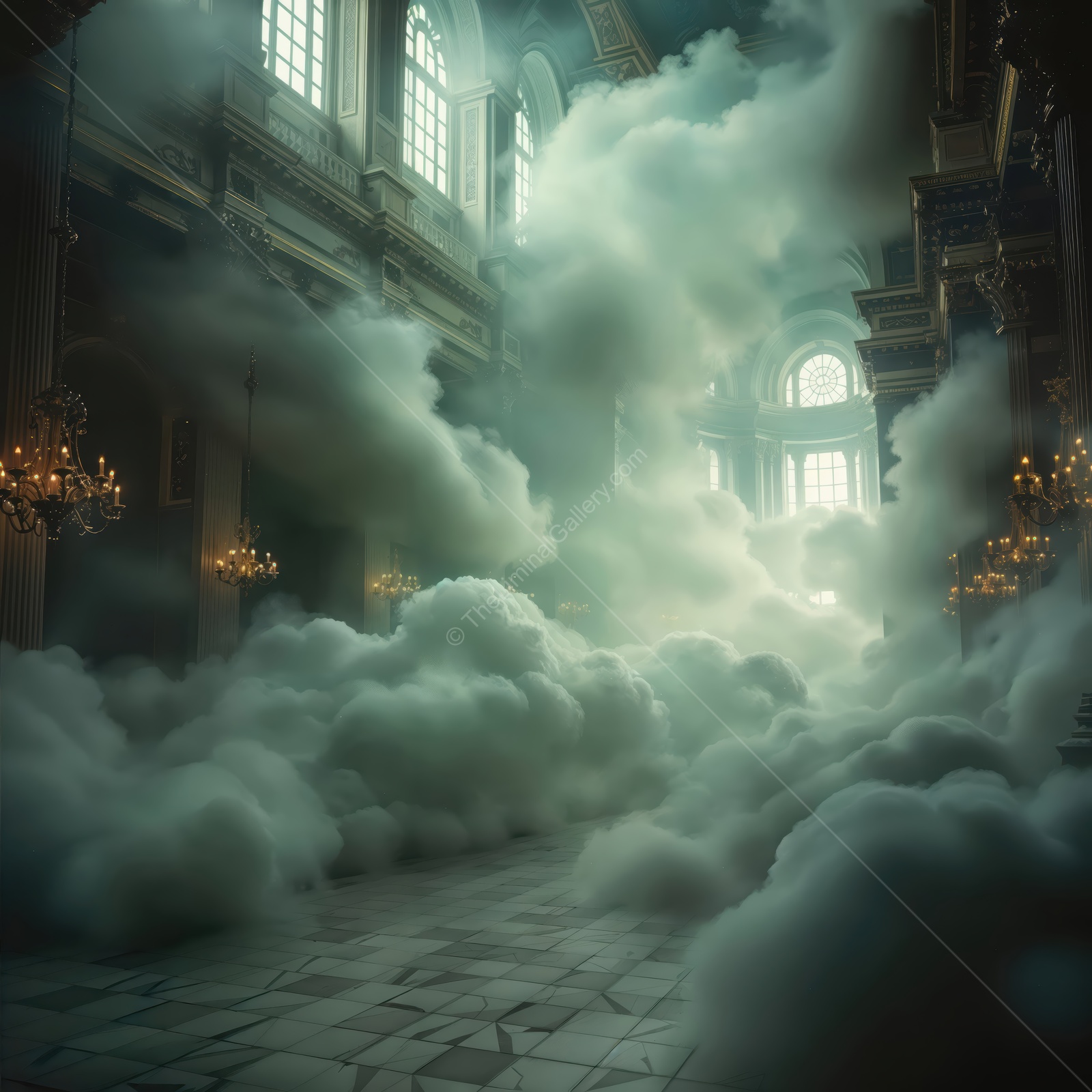 Mysterious atmosphere envelops a grand hall filled with swirling mist and muted light