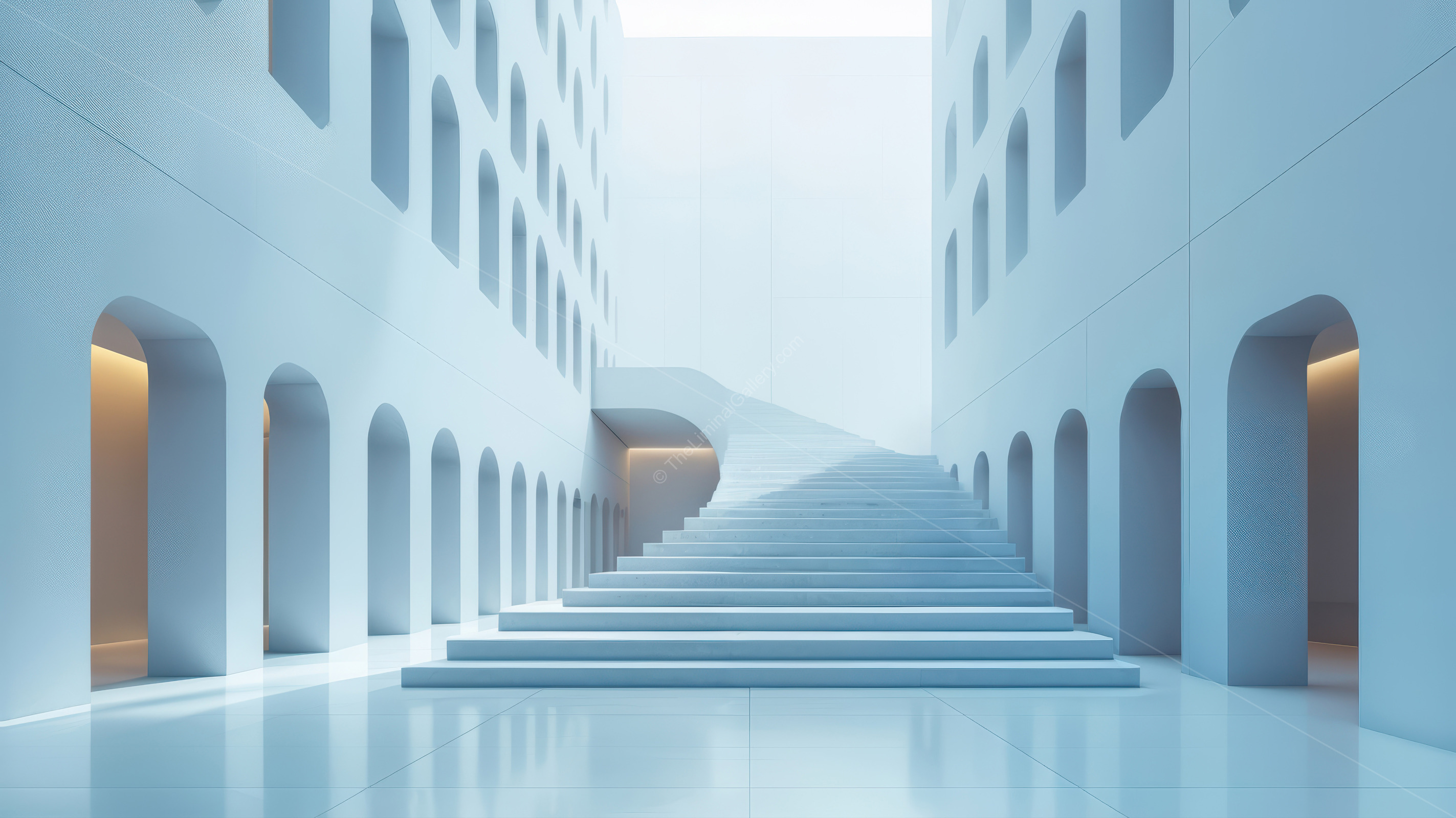 Liminal grand stairway unfurls inside modern landmark, ambient glow tracing its lines and drawing guests upward toward perspectives of elegance and inspiration