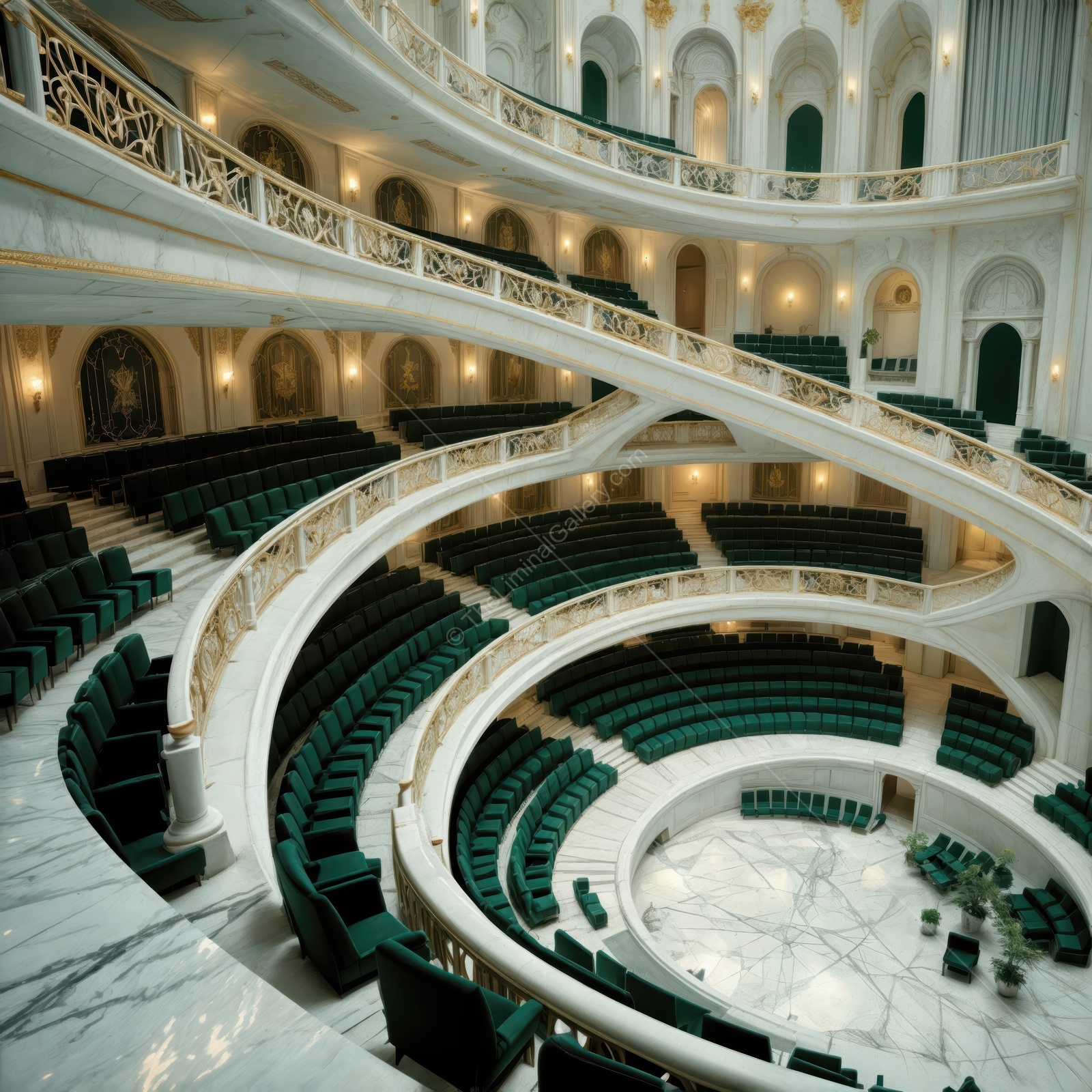 Exploring a grand liminal space in an ornate theater with sweeping views of empty seating
