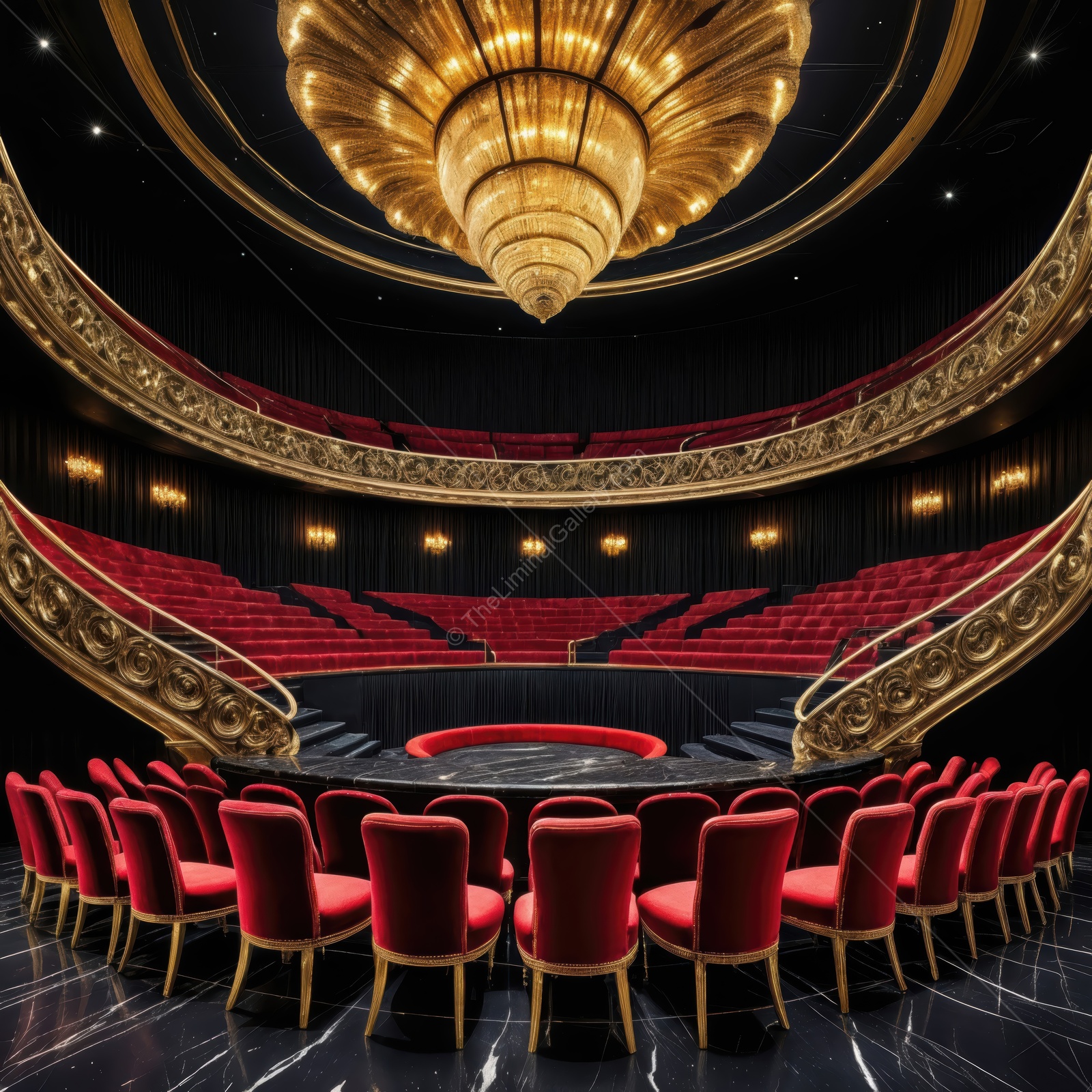 Experience the enchanting atmosphere of a grand theater with rich red seats and elegant lighting