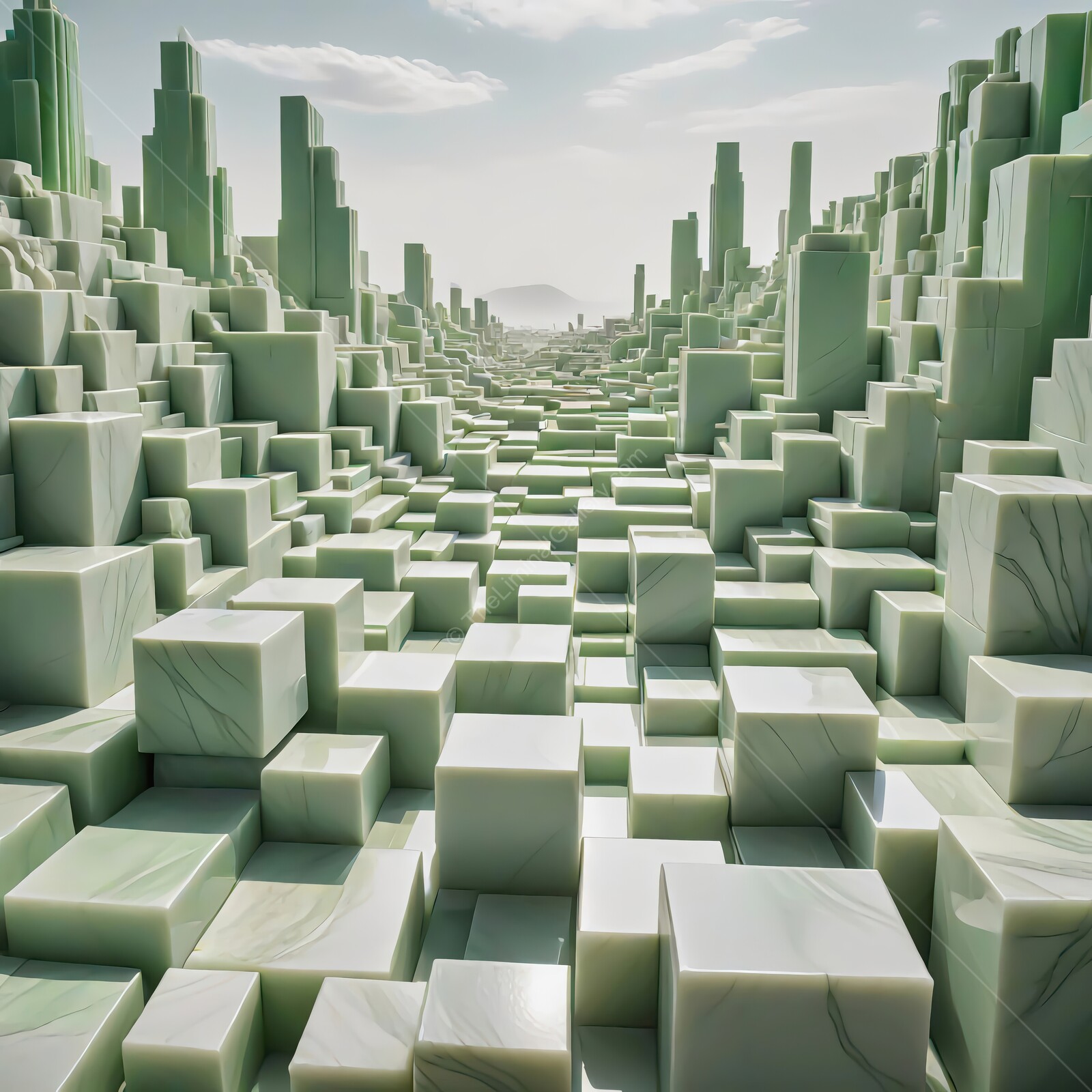 Intricate liminal green marble landscape evokes a surreal valley of geometric forms under the soft glow of daylight