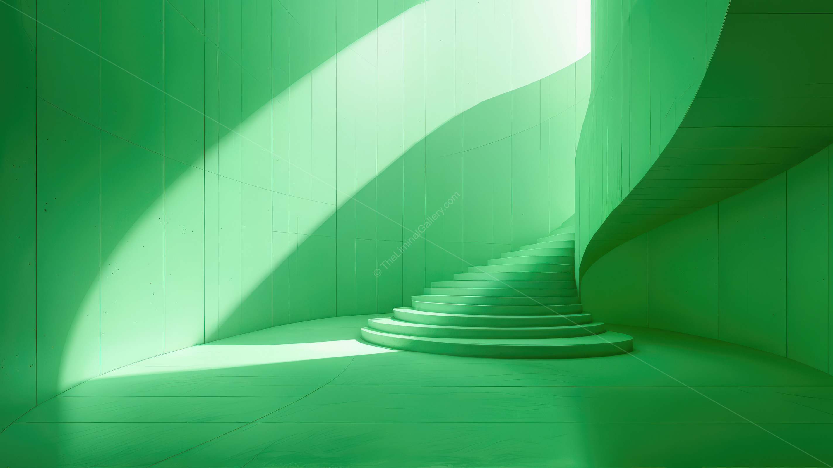 Liminal atrium of sweeping stairs and lush foliage plays with natural light, dynamic shadows dancing across walls to evoke awe and contemplative serenity