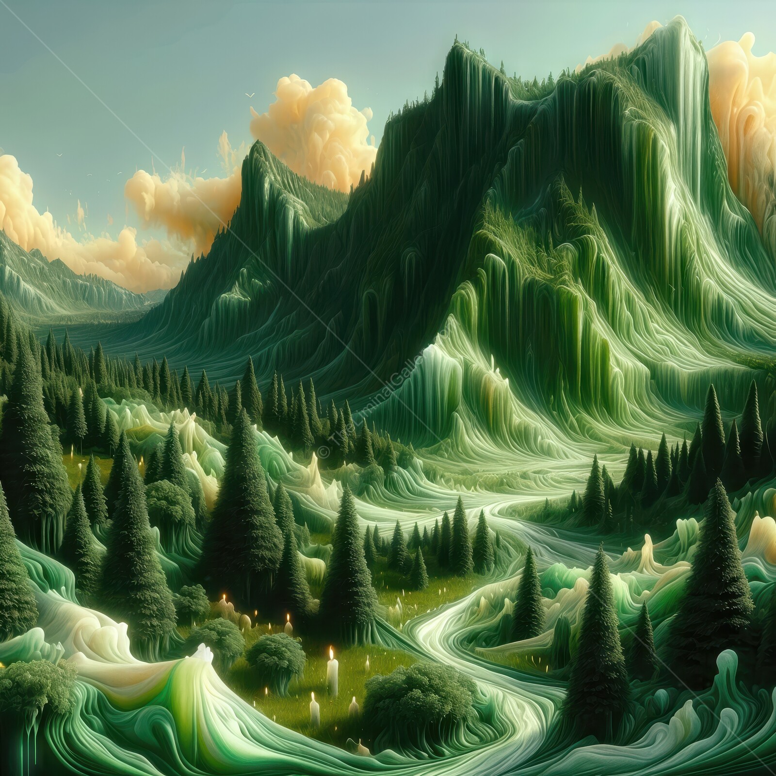 Enchanting green landscapes blend mountains and flowing rivers to create a mesmerizing natural wonder