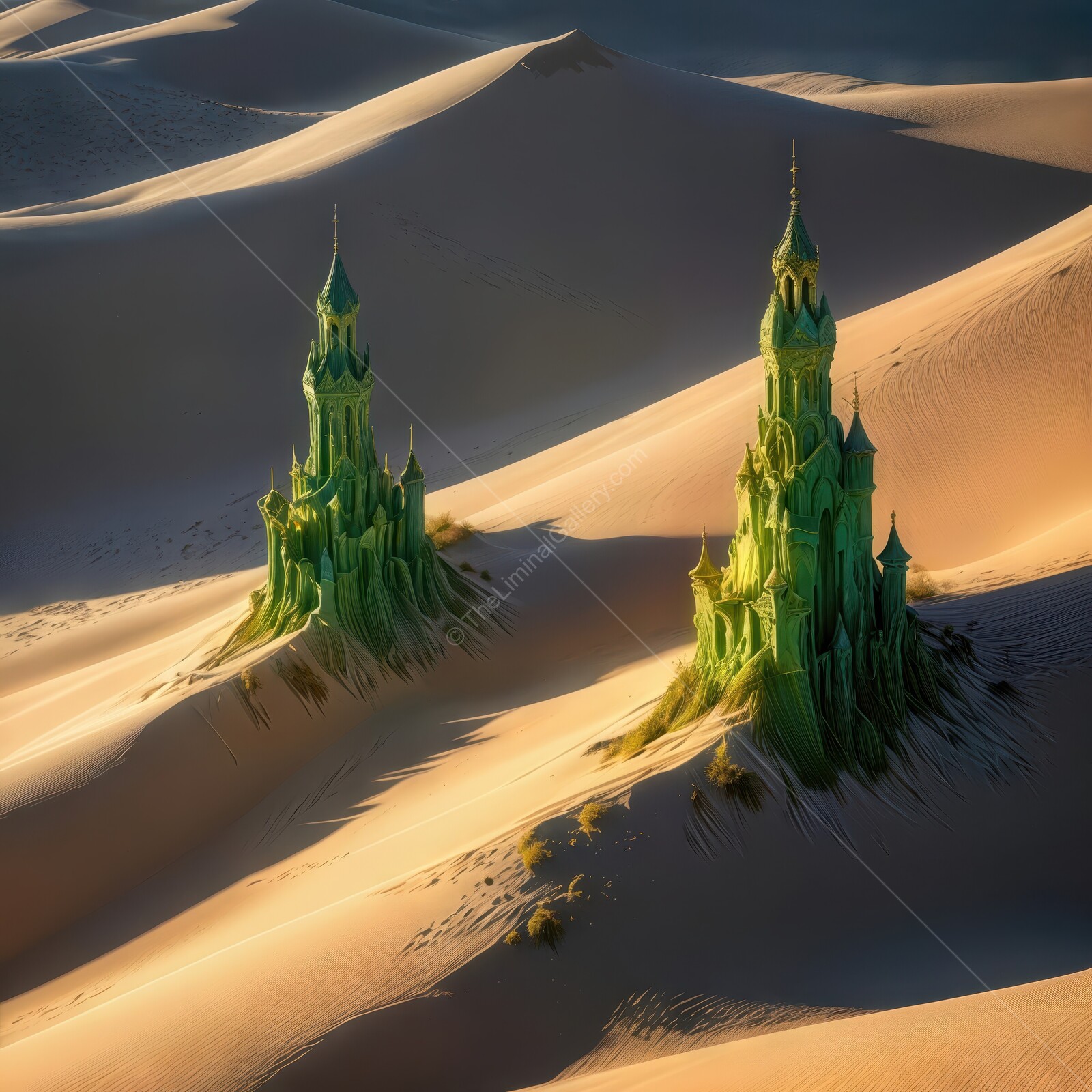 Majestic green sandcastles rising from golden desert waves at sunset