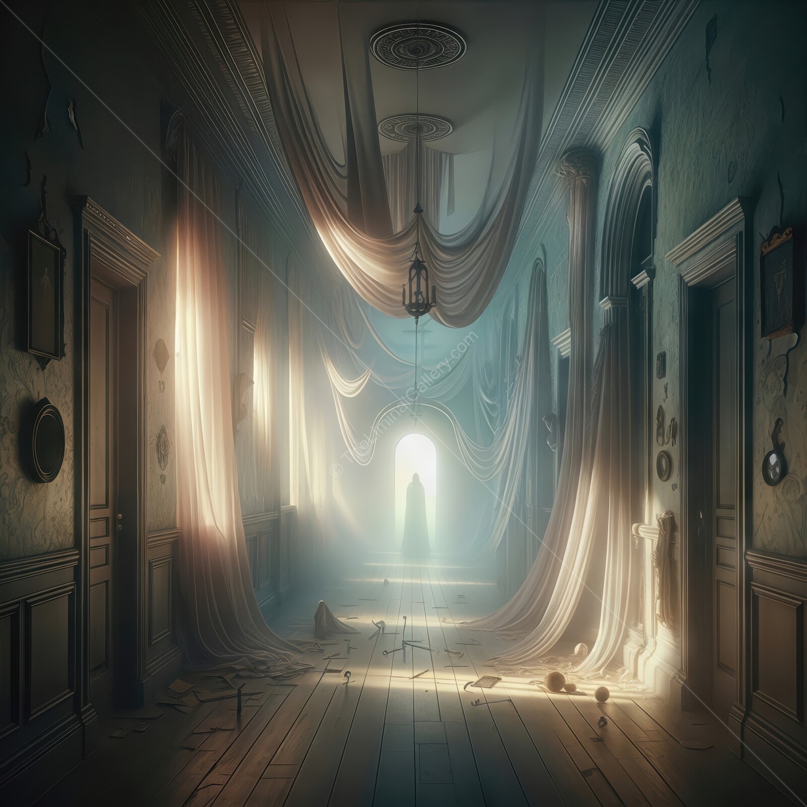 Enigmatic hallway bathed in light with flowing drapes and remnants of history