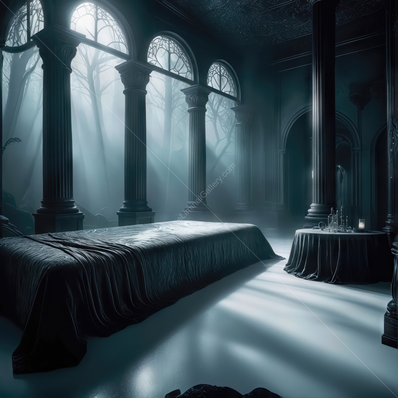 Mysterious room with haunting light illuminating dark elegance and tranquil solitude