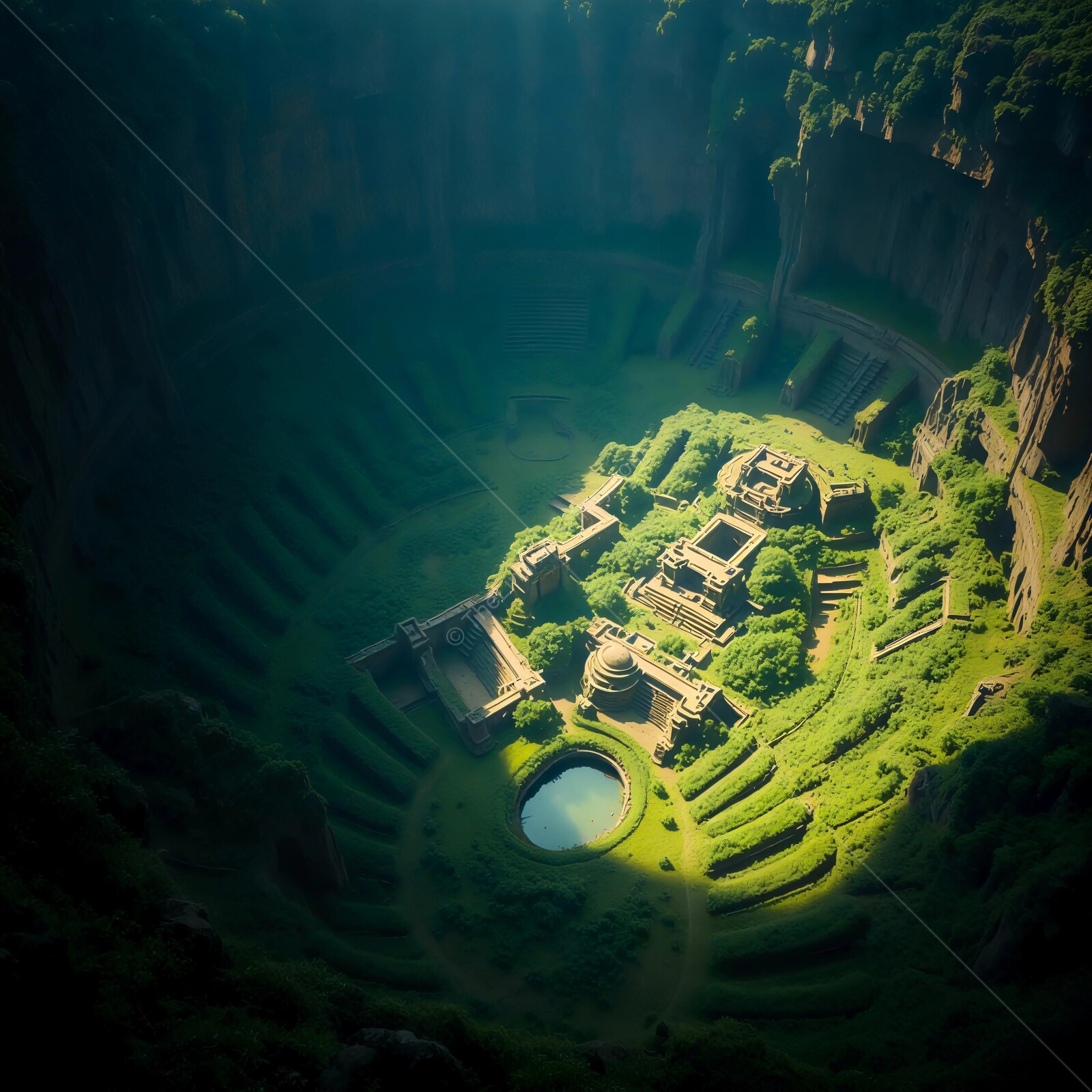 Hidden ancient ruins nestled in a lush canyon during golden hour
