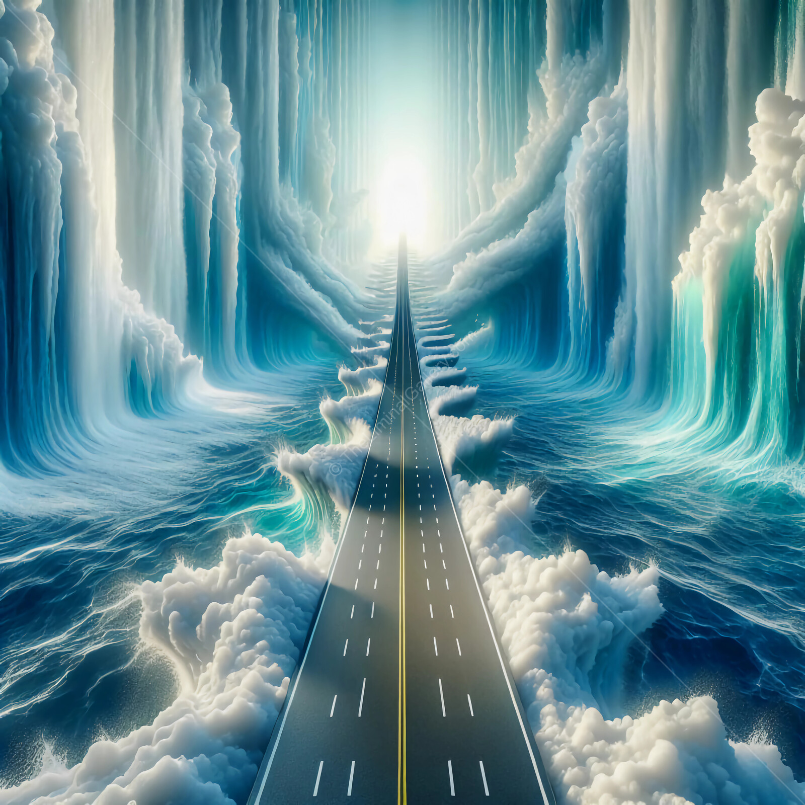 Majestic highway disappearing into a sea of clouds and cascading waterfalls at sunrise