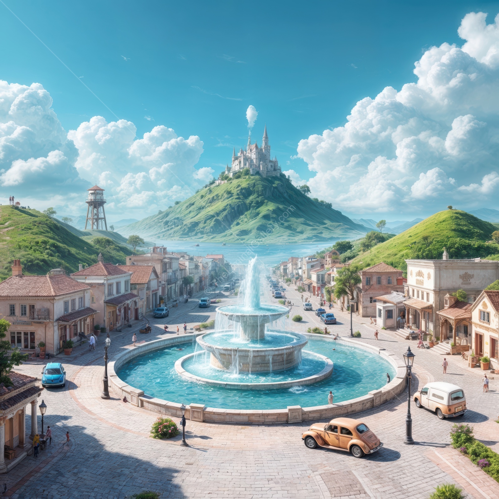 A grand castle crowns a quaint village, while a central fountain glistens under vast skies, inviting exploration, wonder, and leisurely discovery of hidden corners