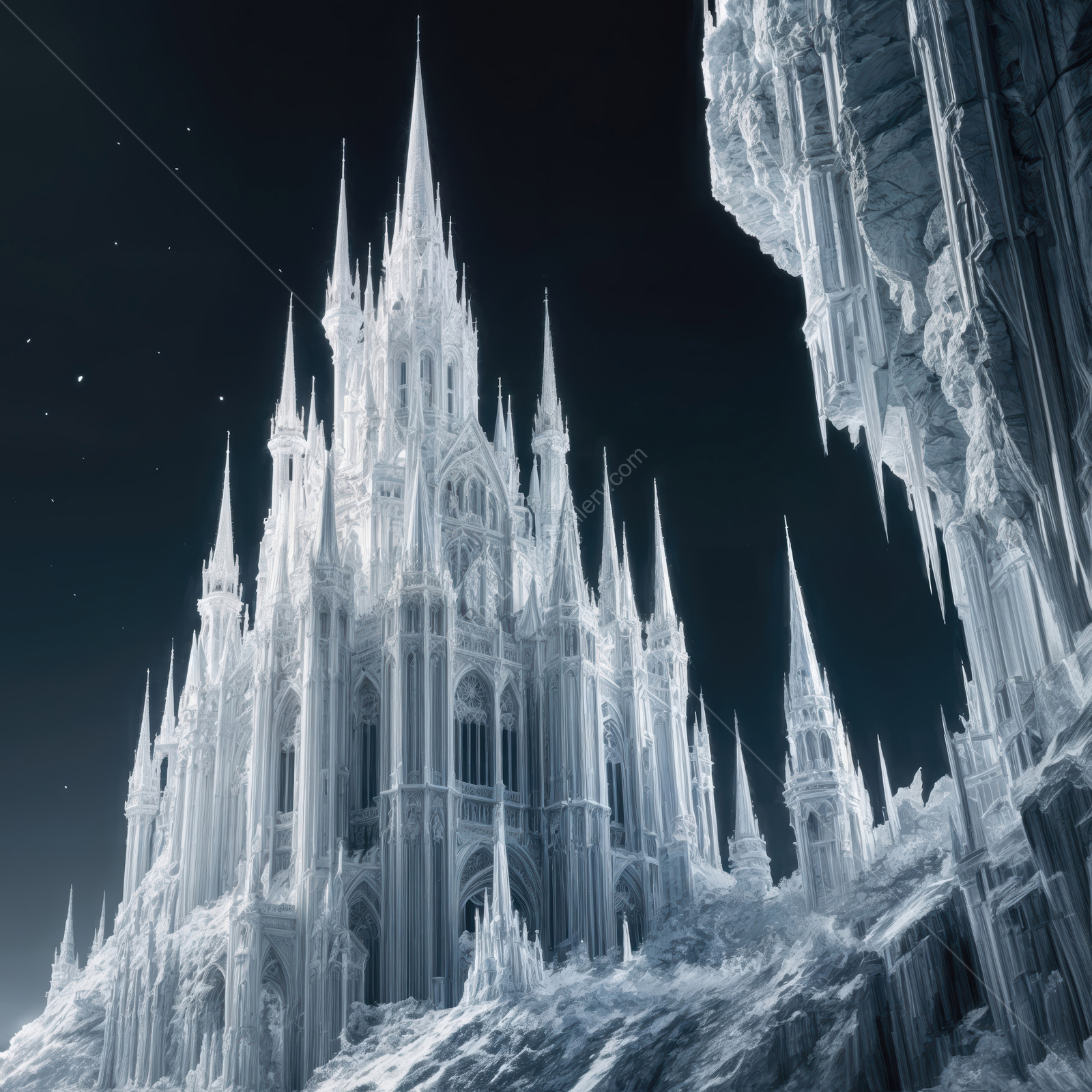 Majestic ice castle rises against a starry night sky, surrounded by shimmering frost and towering ice formations in a dreamlike winter landscape