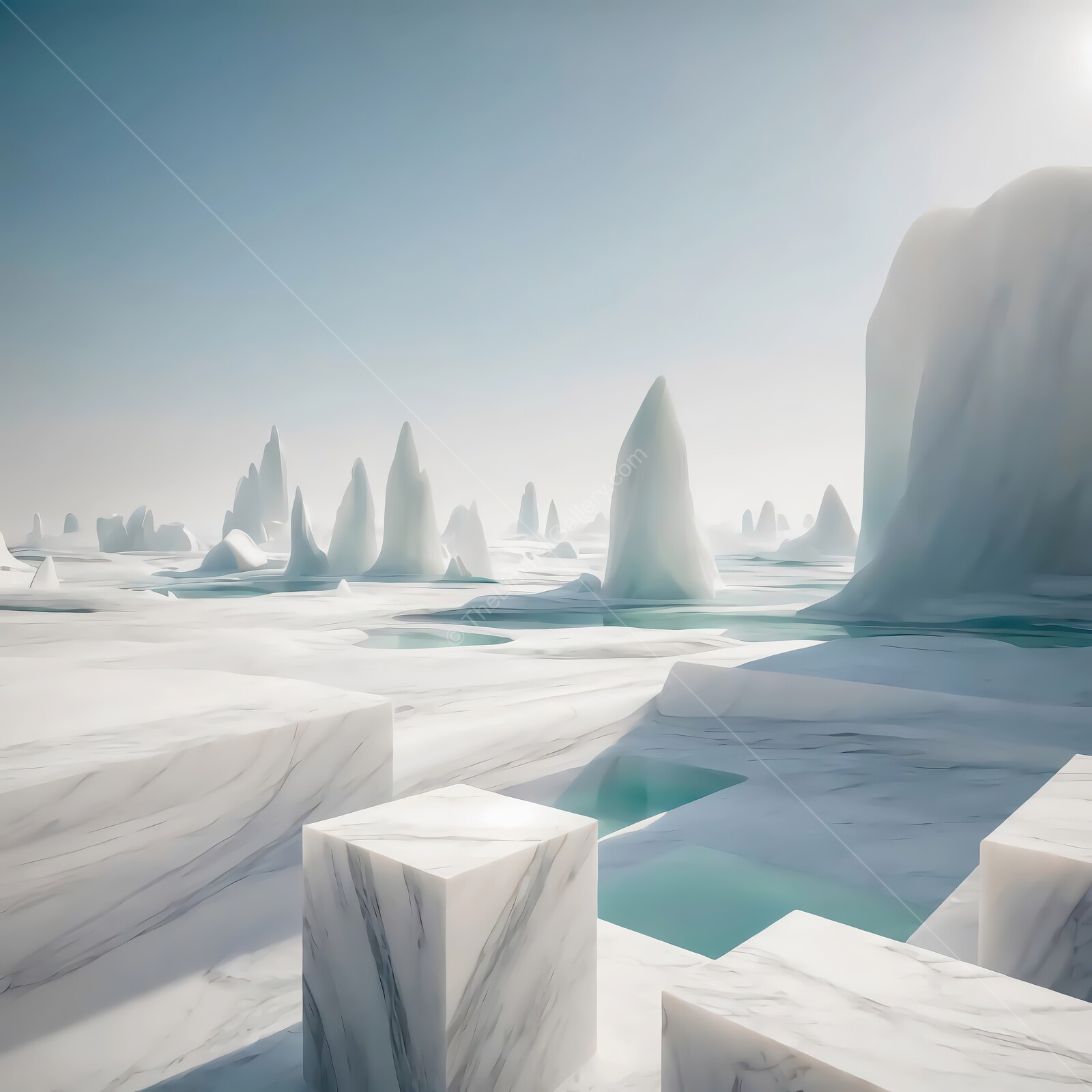 Majestic alabaster formations reflect sunlight over a serene arctic landscape at dawn